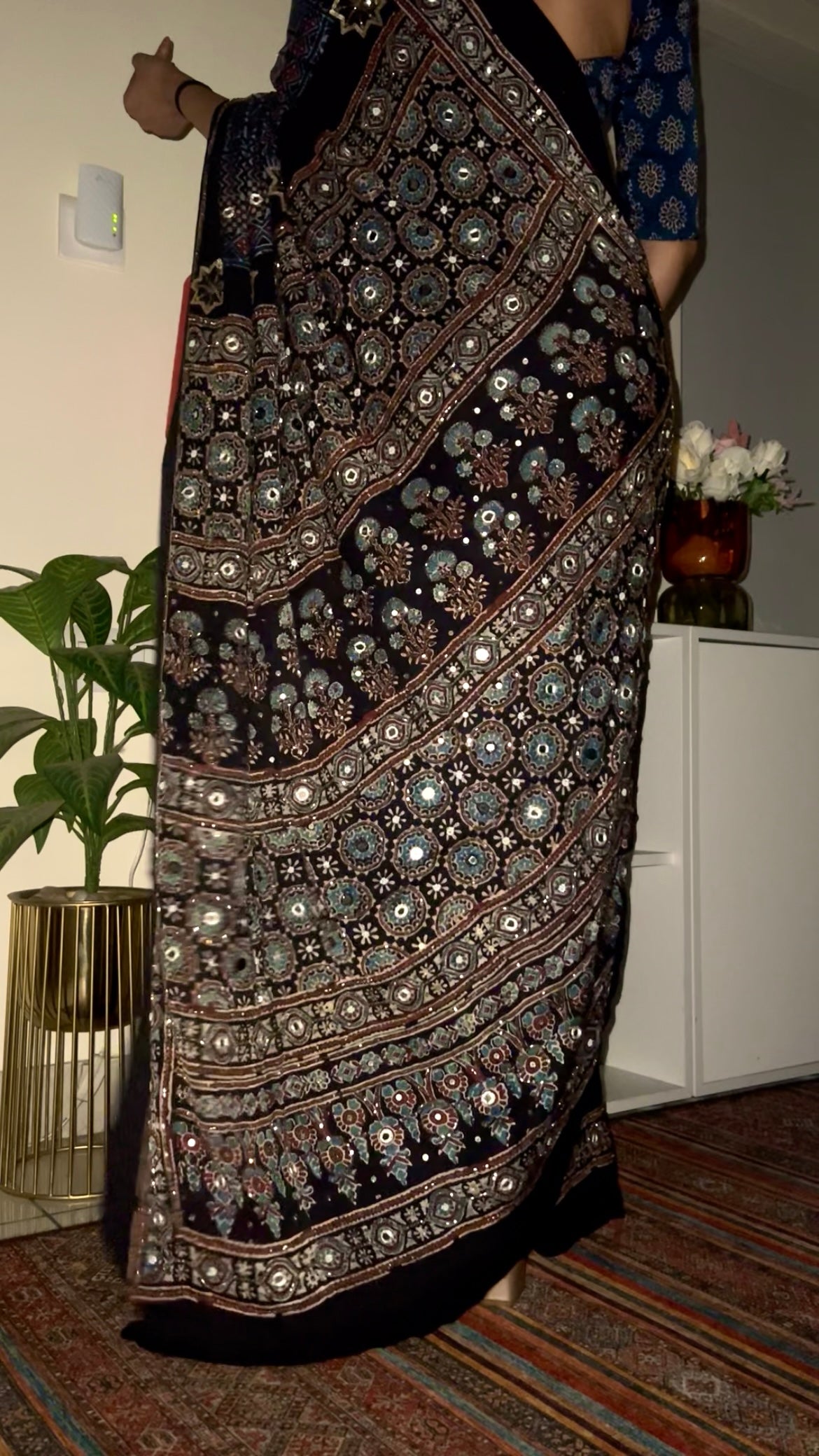 ASTRAL BLUE - Pure Modal Ajrakh Hand Embroidered Saree