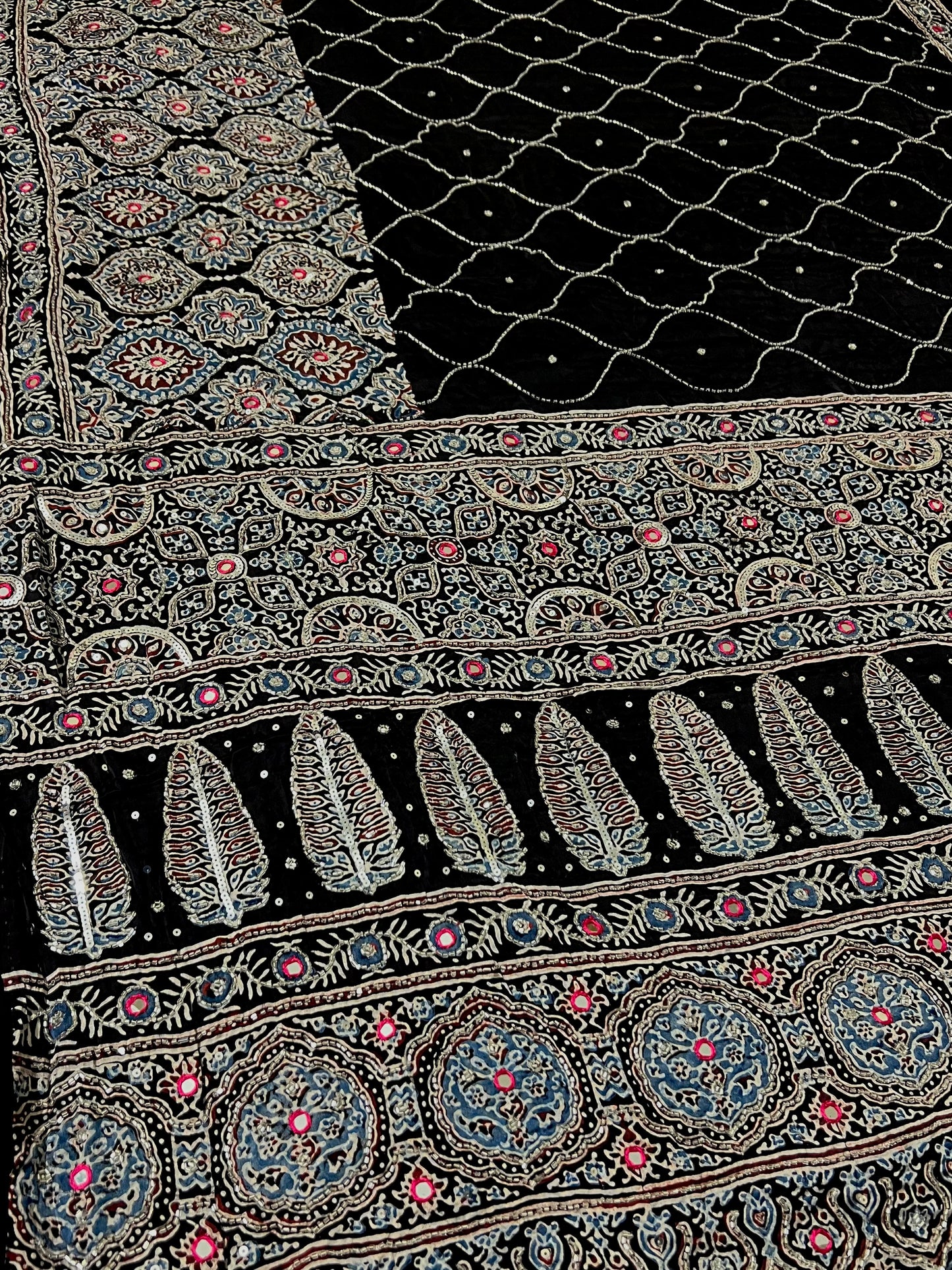 MIDNIGHT GALAXY - Pure Modal Ajrakh Hand Embroidered Saree