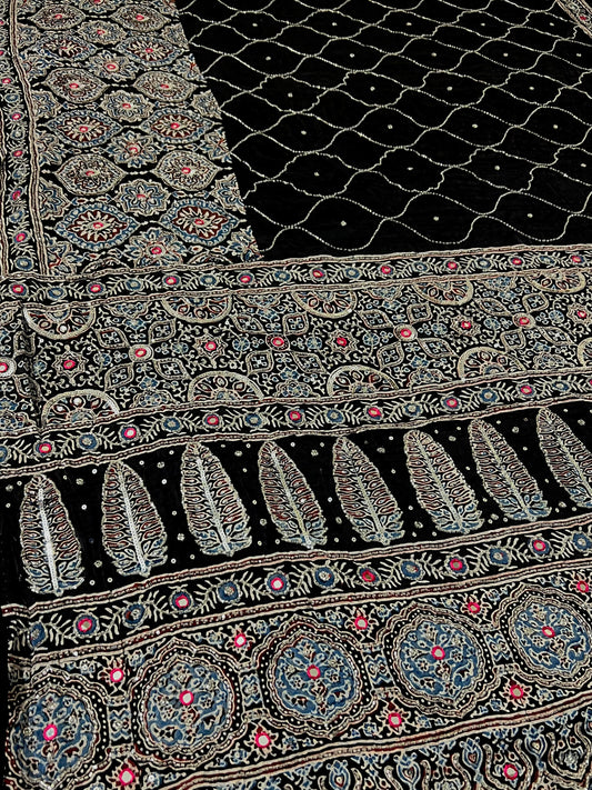 MIDNIGHT GALAXY - Pure Modal Ajrakh Hand Embroidered Saree