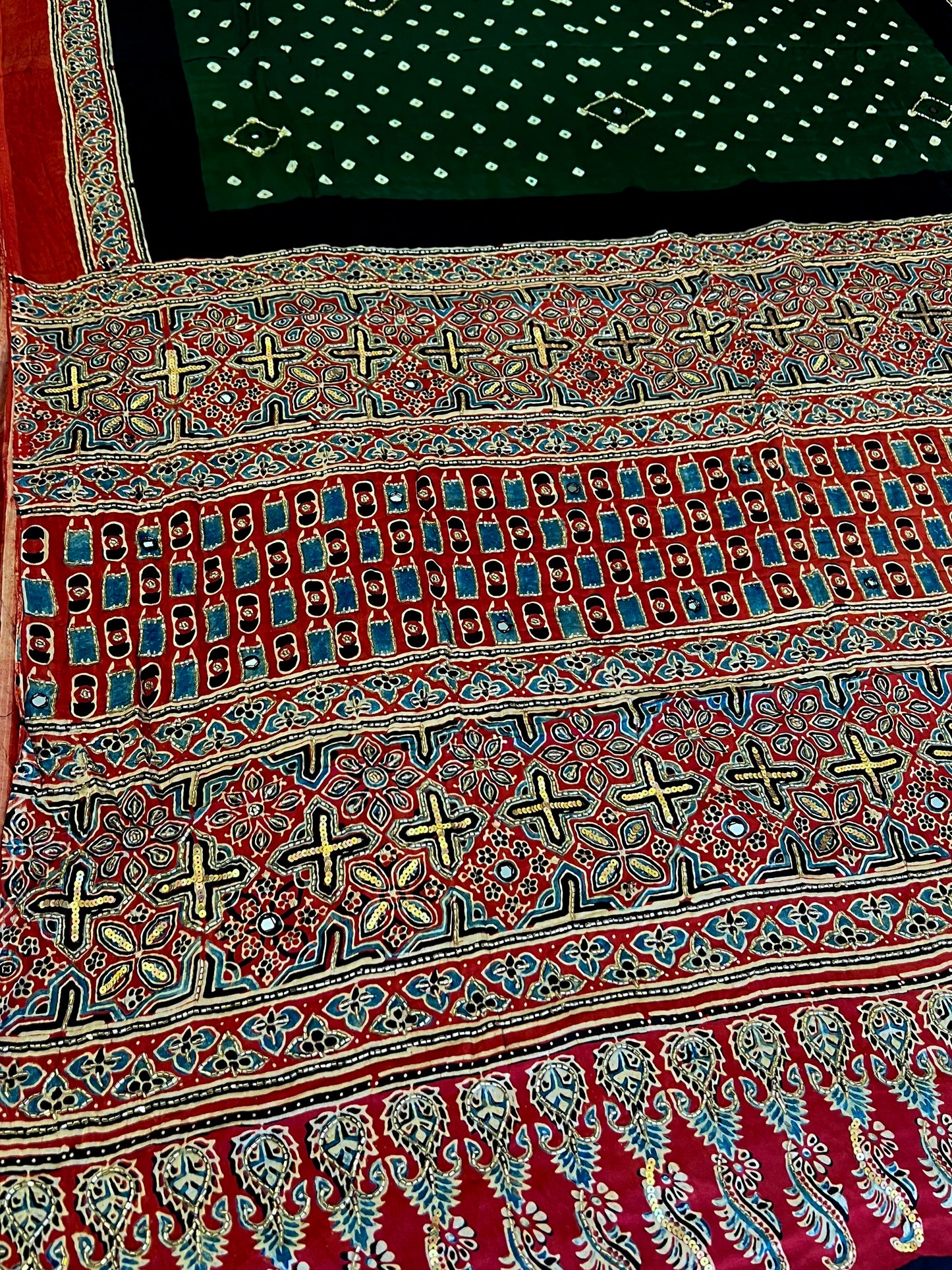 GREEN GRANDEUR - Pure Modal Bandhani Ajrakh Hand Embroidered Saree