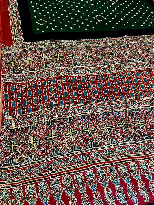 GREEN GRANDEUR - Pure Modal Bandhani Ajrakh Hand Embroidered Saree