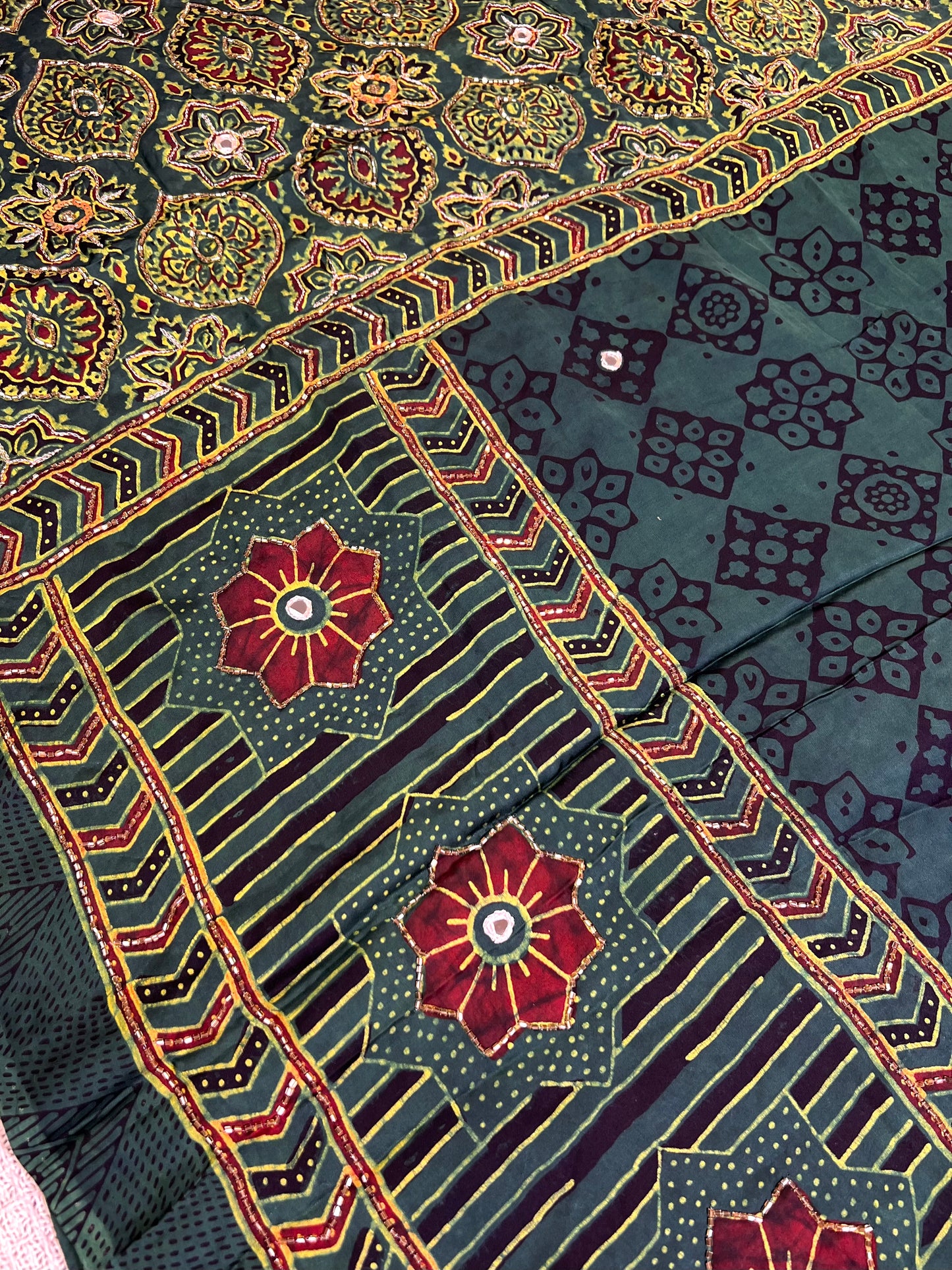 FOREST MIST - Pure Modal Ajrakh Hand Embroidered Saree