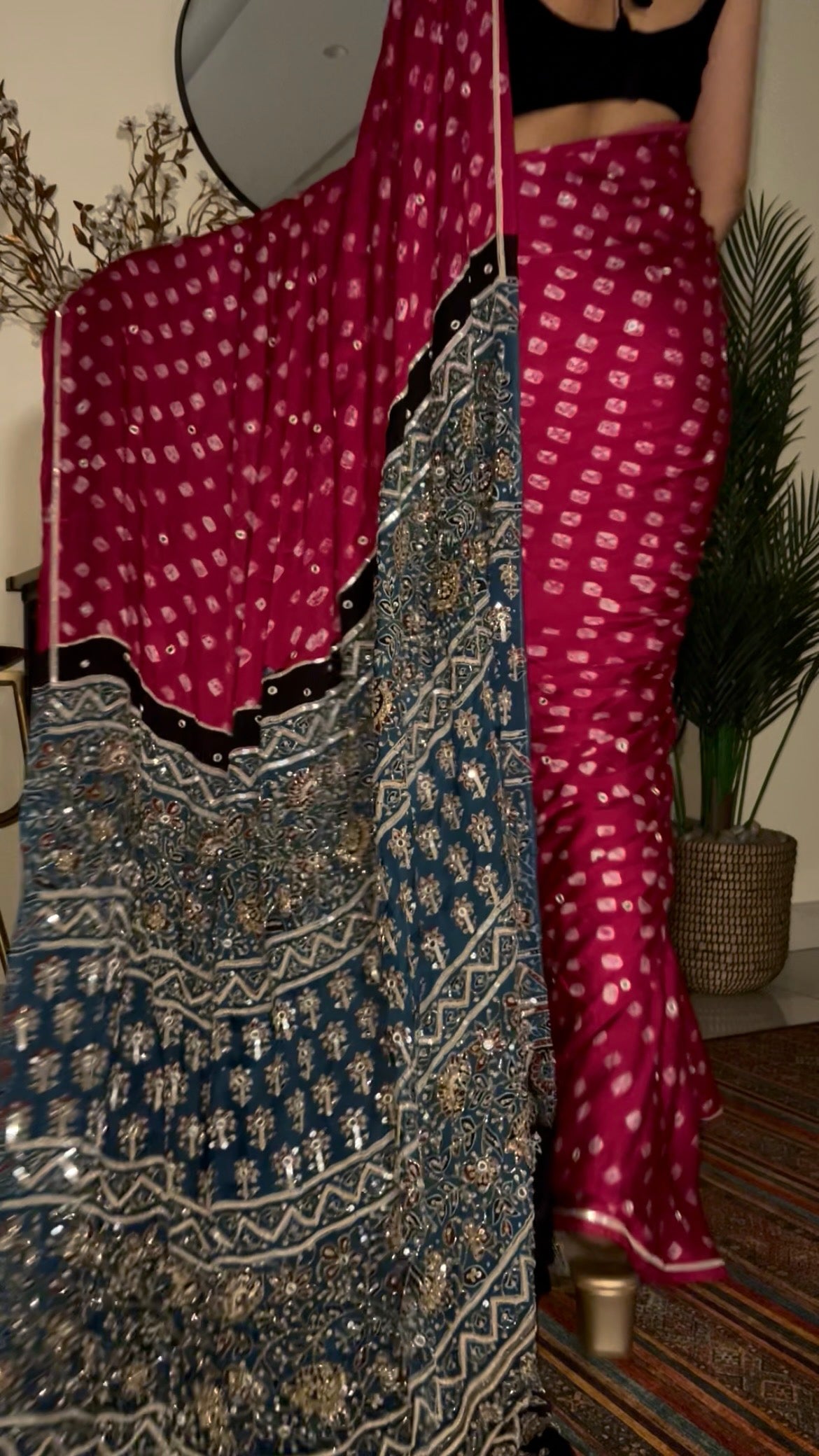 PINK ROYALE BANDHANI - Pure Modal Bandhani Ajrakh Hand Embroidered Saree