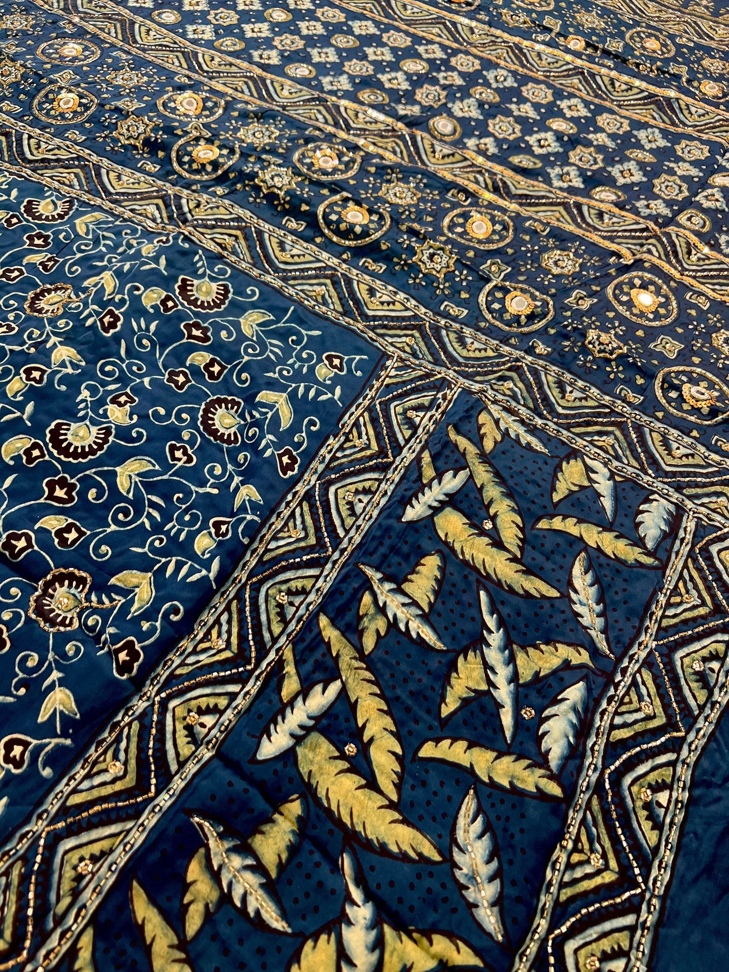 AZURE DREAMS - Pure Modal Ajrakh Hand Embroidered Saree