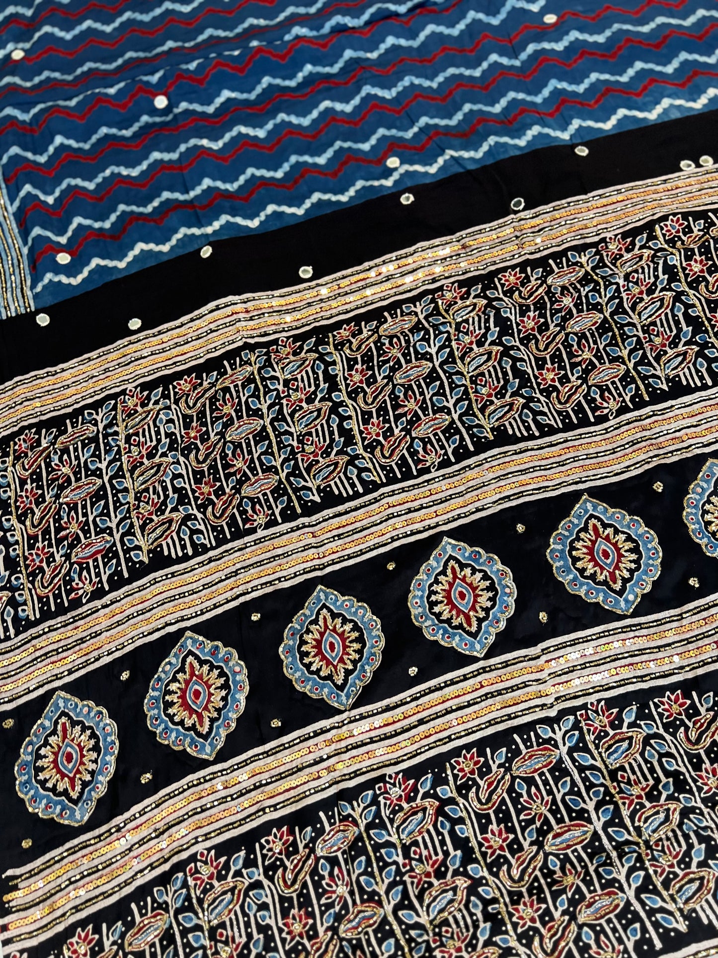 BLUE MIRAGE - Pure Modal Ajrakh Hand Embroidered Saree