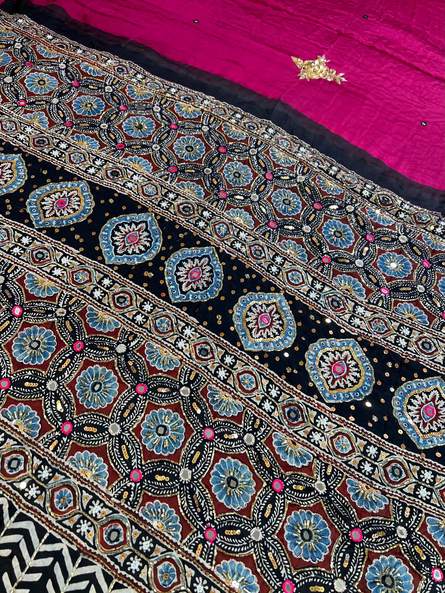 RANI ROSE - Pure Modal Ajrakh Hand Embroidered Saree
