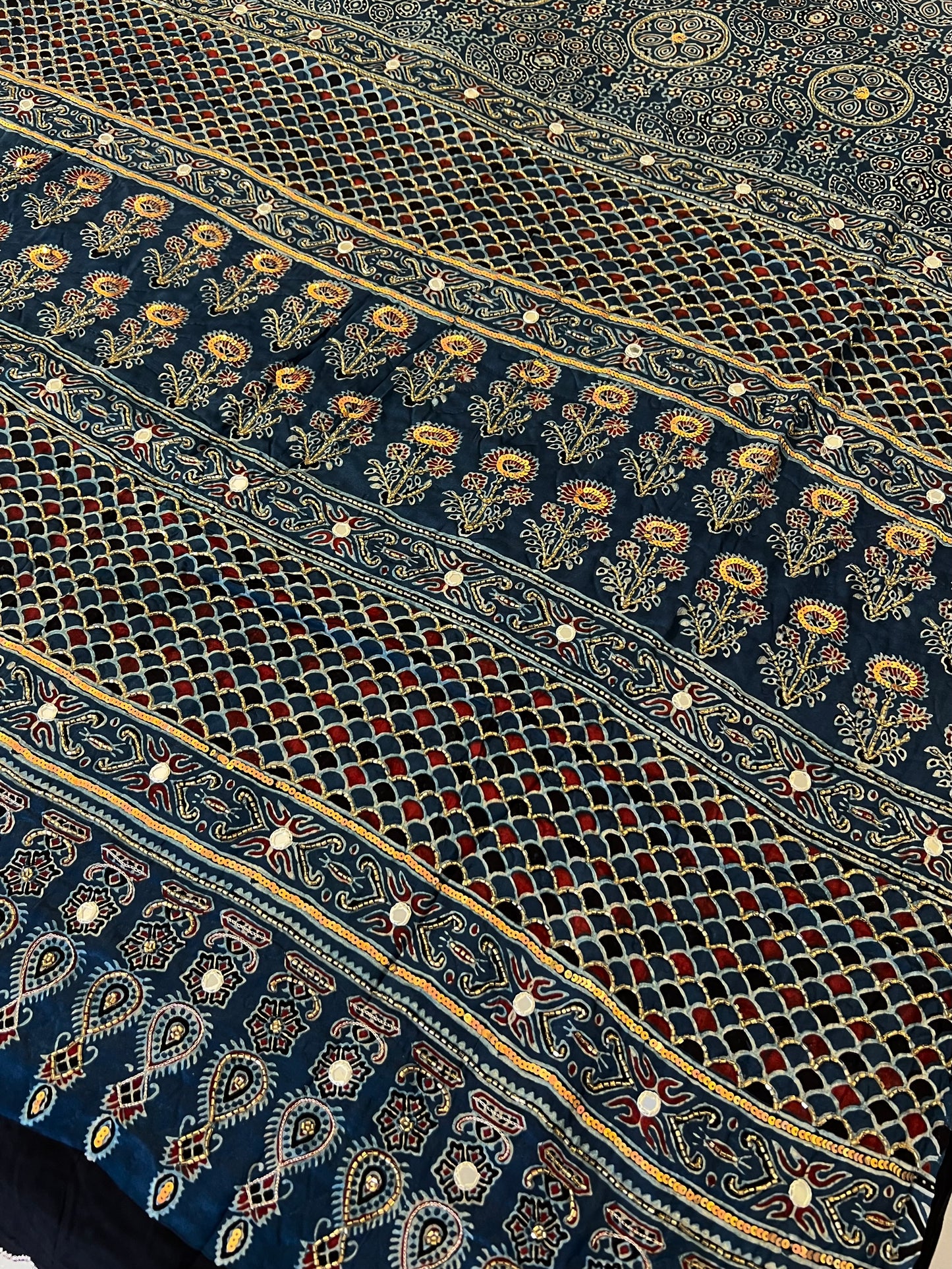 RIVER MIST - Pure Modal Ajrakh Hand Embroidered Saree