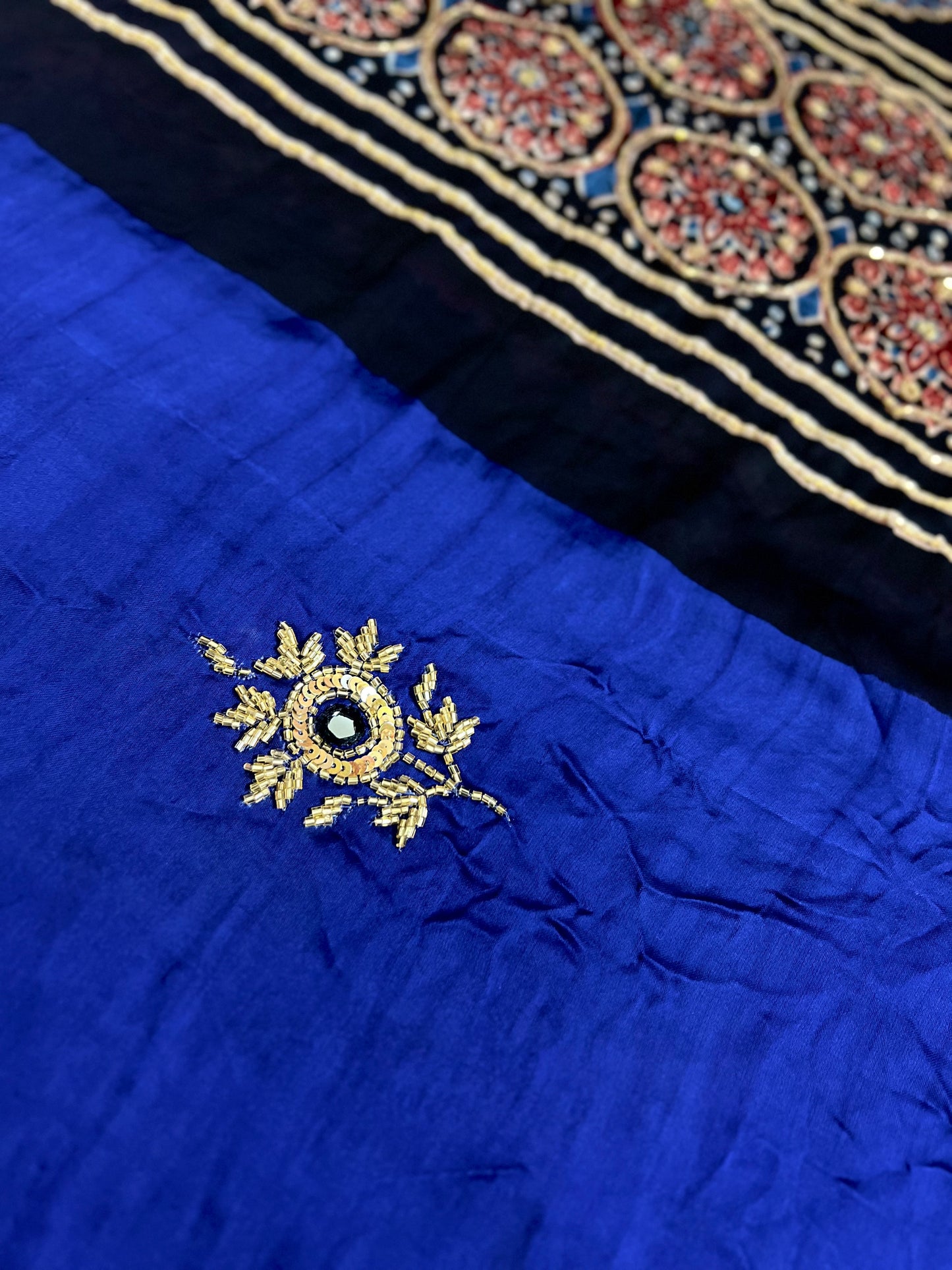 SAPPHIRE ROSE - Pure Modal Ajrakh Hand Embroidered Saree