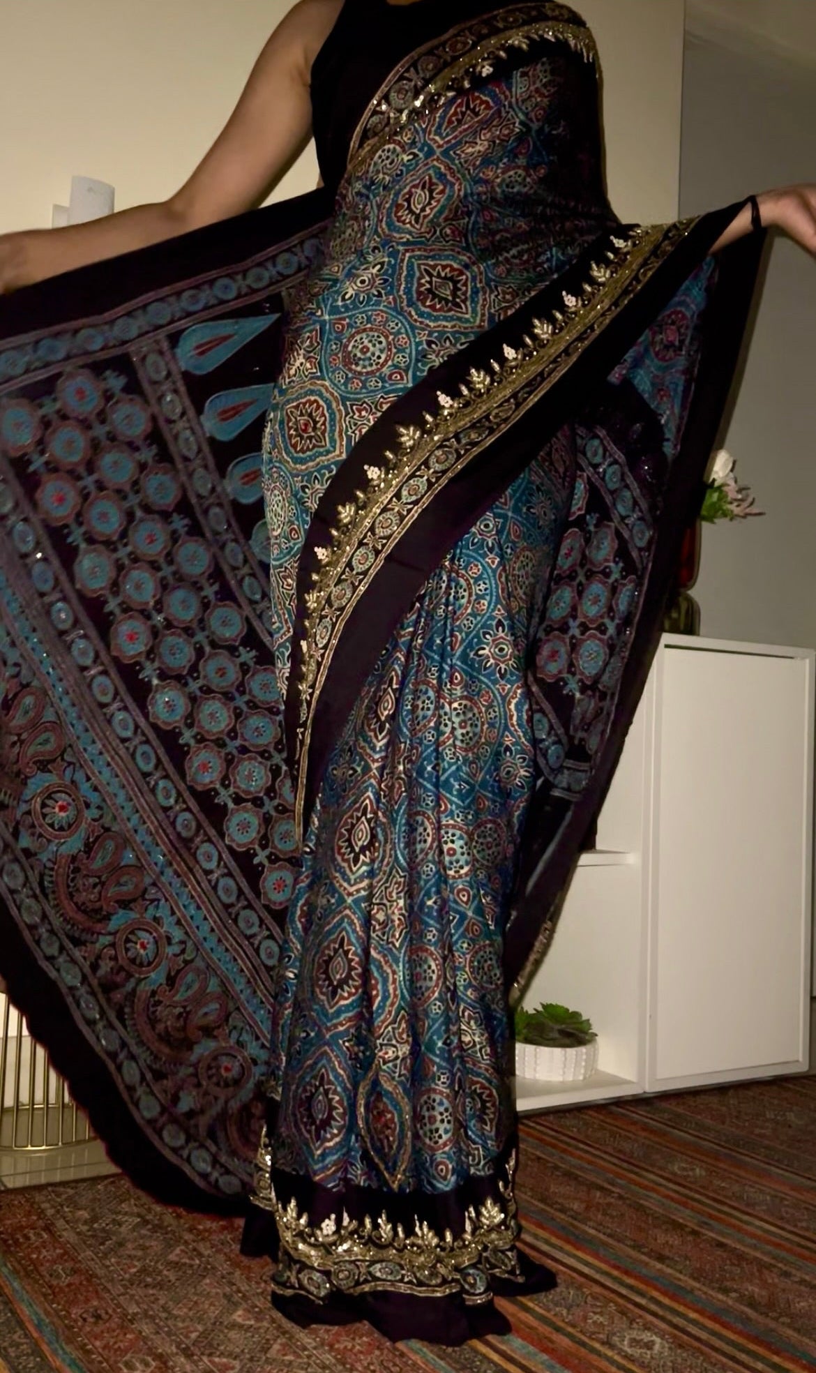 Blue Reverie - Pure Modal Ajrakh Hand Embroidered Saree