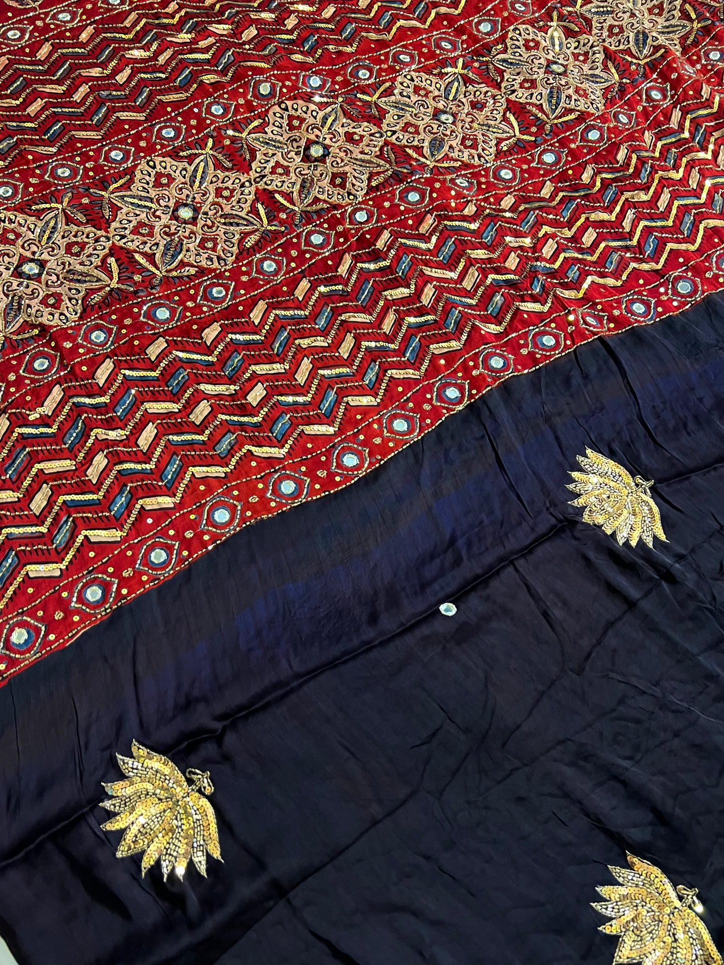 IMPERIAL LOTUS - Pure Modal Ajrakh Hand Embroidered Saree