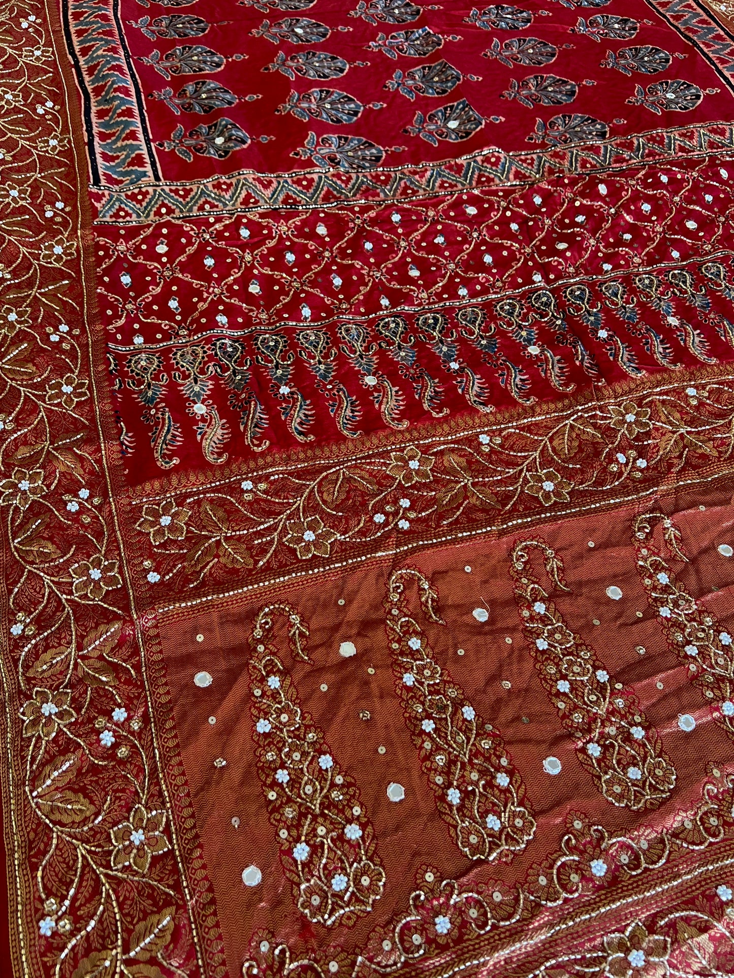 VERMILLION WHISPER - Pure Dola Ajrakh Hand Embroidered Saree