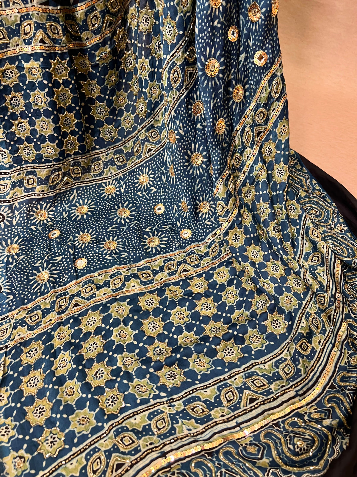 LAGOON DREAM - Pure Modal Ajrakh Hand Embroidered Saree
