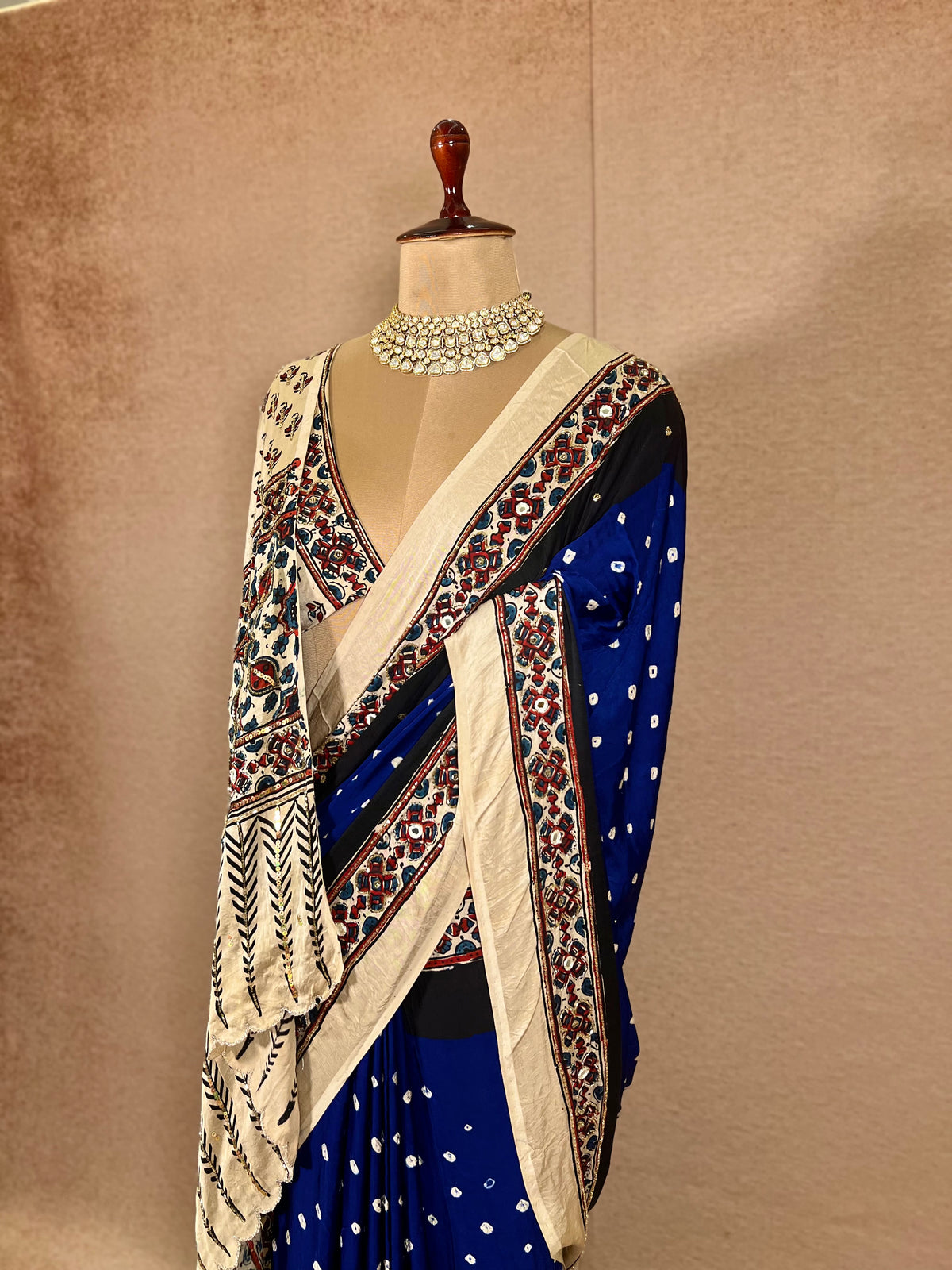 BLUE ROYALTY - Pure Modal Bandhani Ajrakh Hand Embroidered Saree