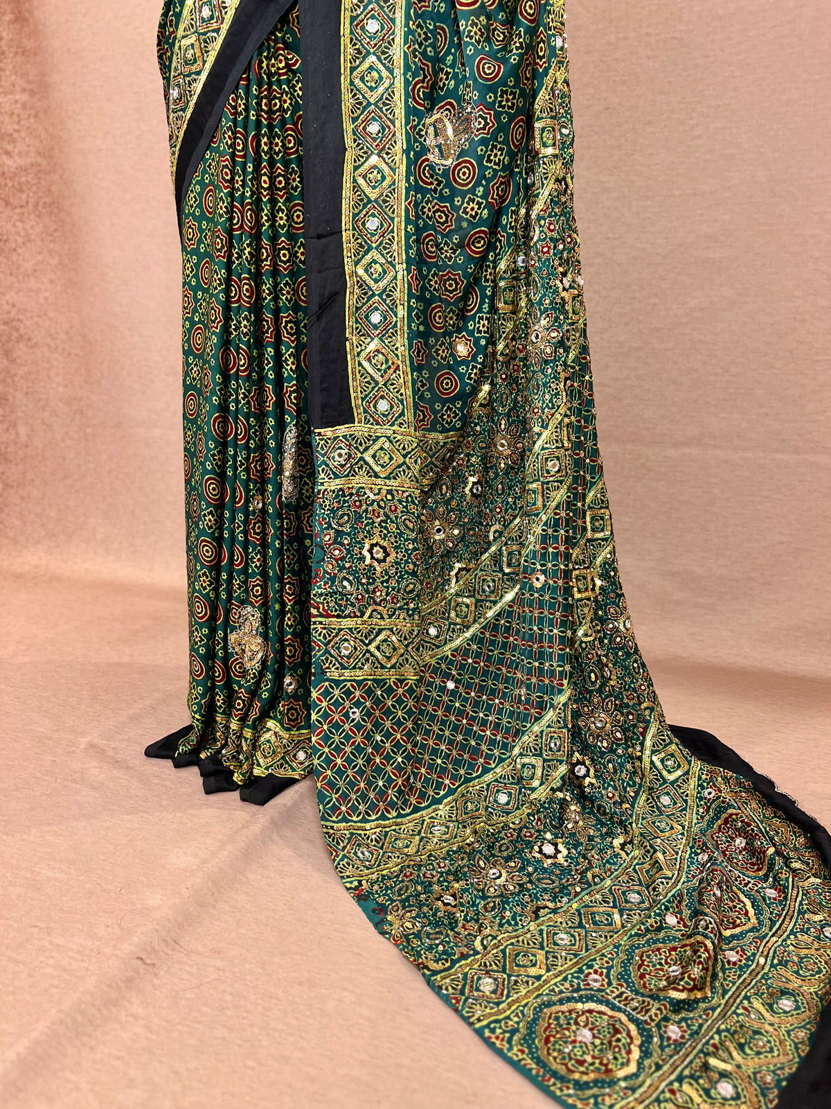 GLITTER ALLURE - Pure Modal Ajrakh Hand Embroidered Saree