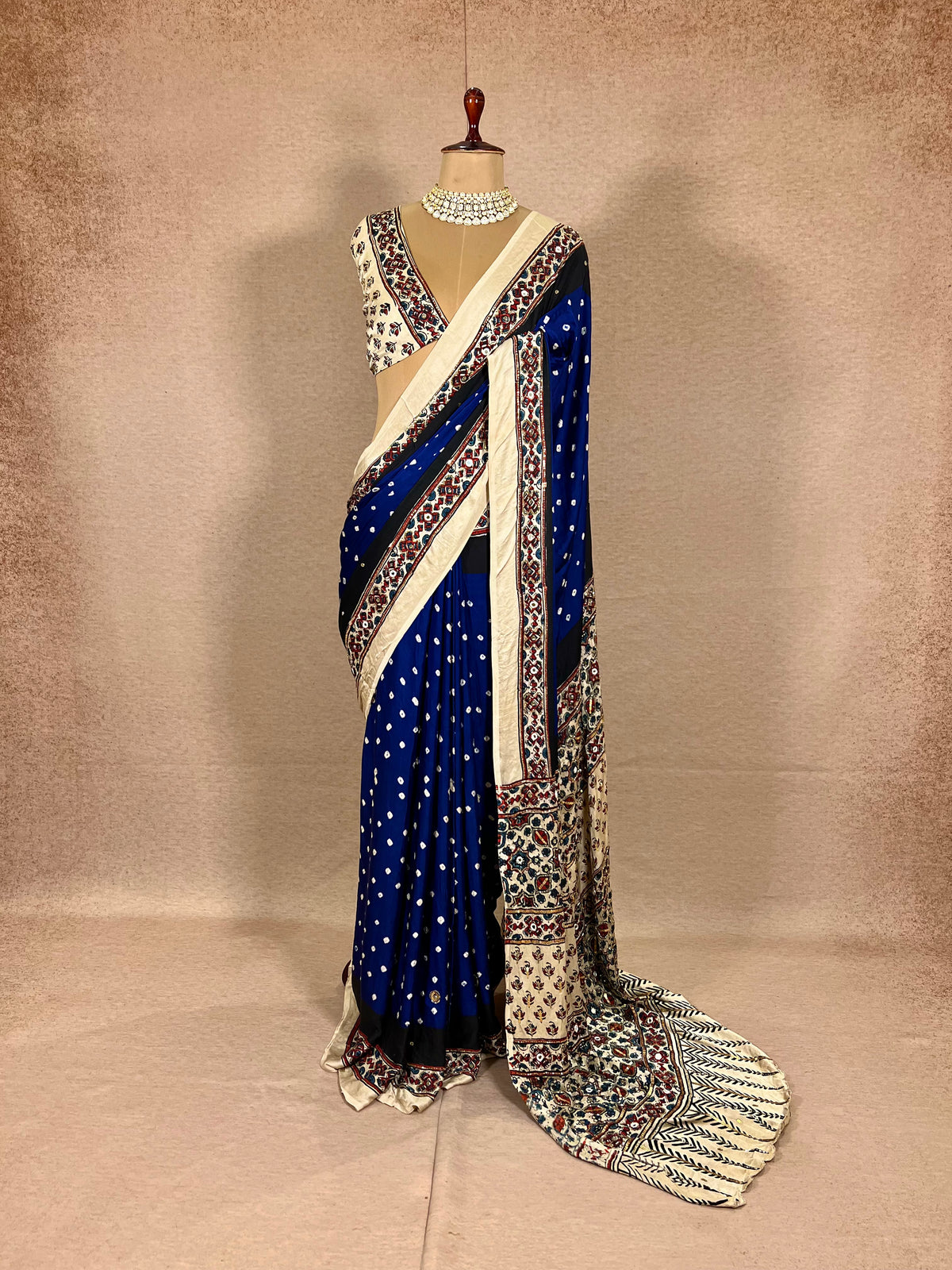 BLUE ROYALTY - Pure Modal Bandhani Ajrakh Hand Embroidered Saree