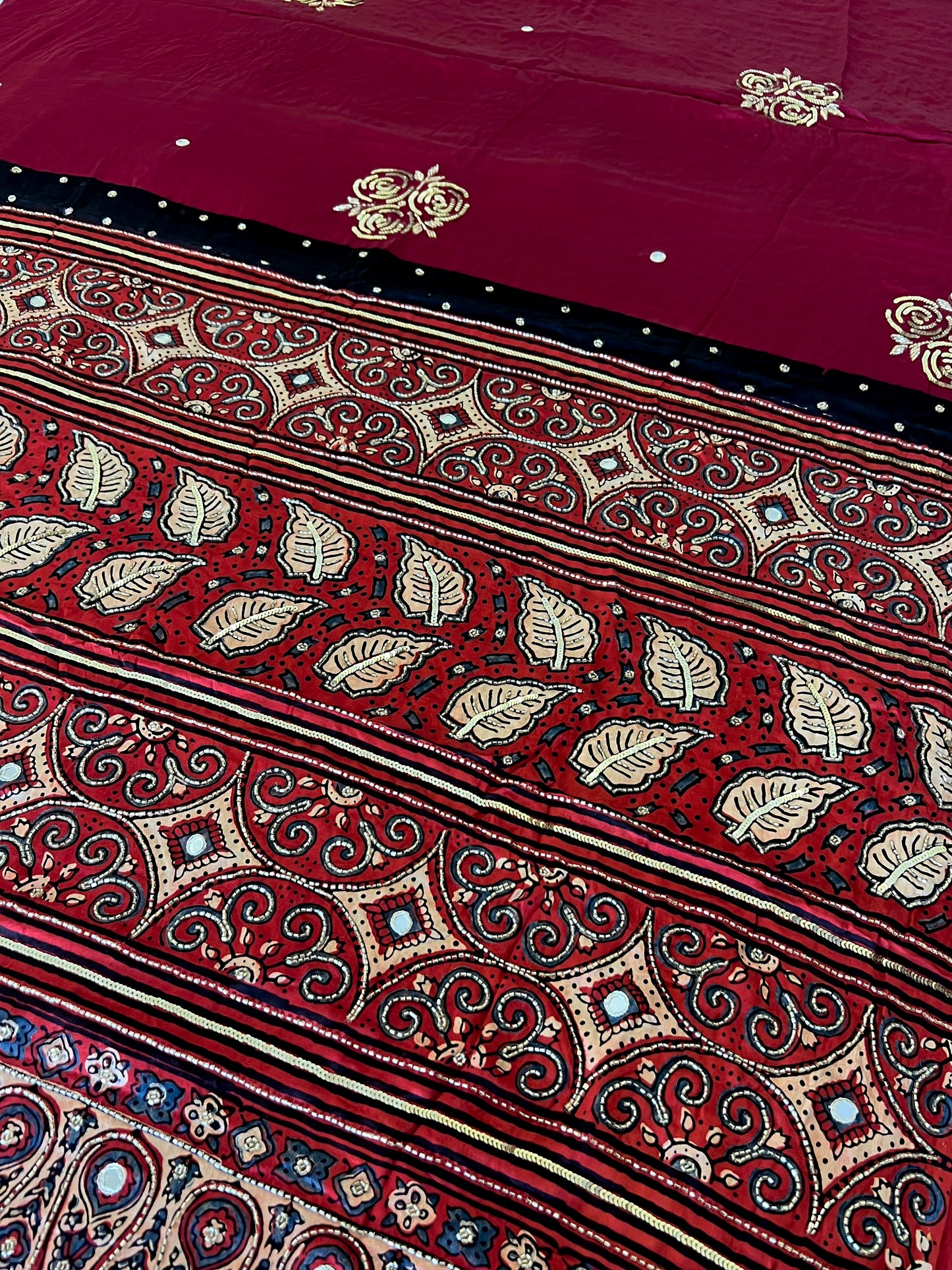 PASSION ROSE - Pure Modal Ajrakh Hand Embroidered Saree