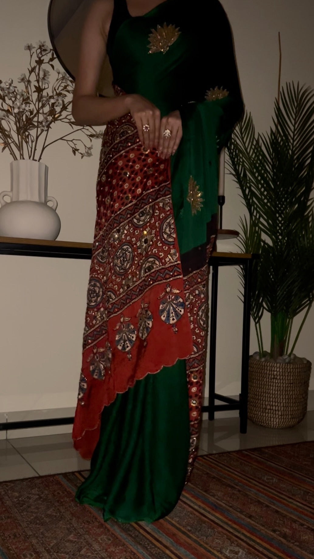 ENCHANTED LOTUS - Pure Modal Ajrakh Hand Embroidered Saree