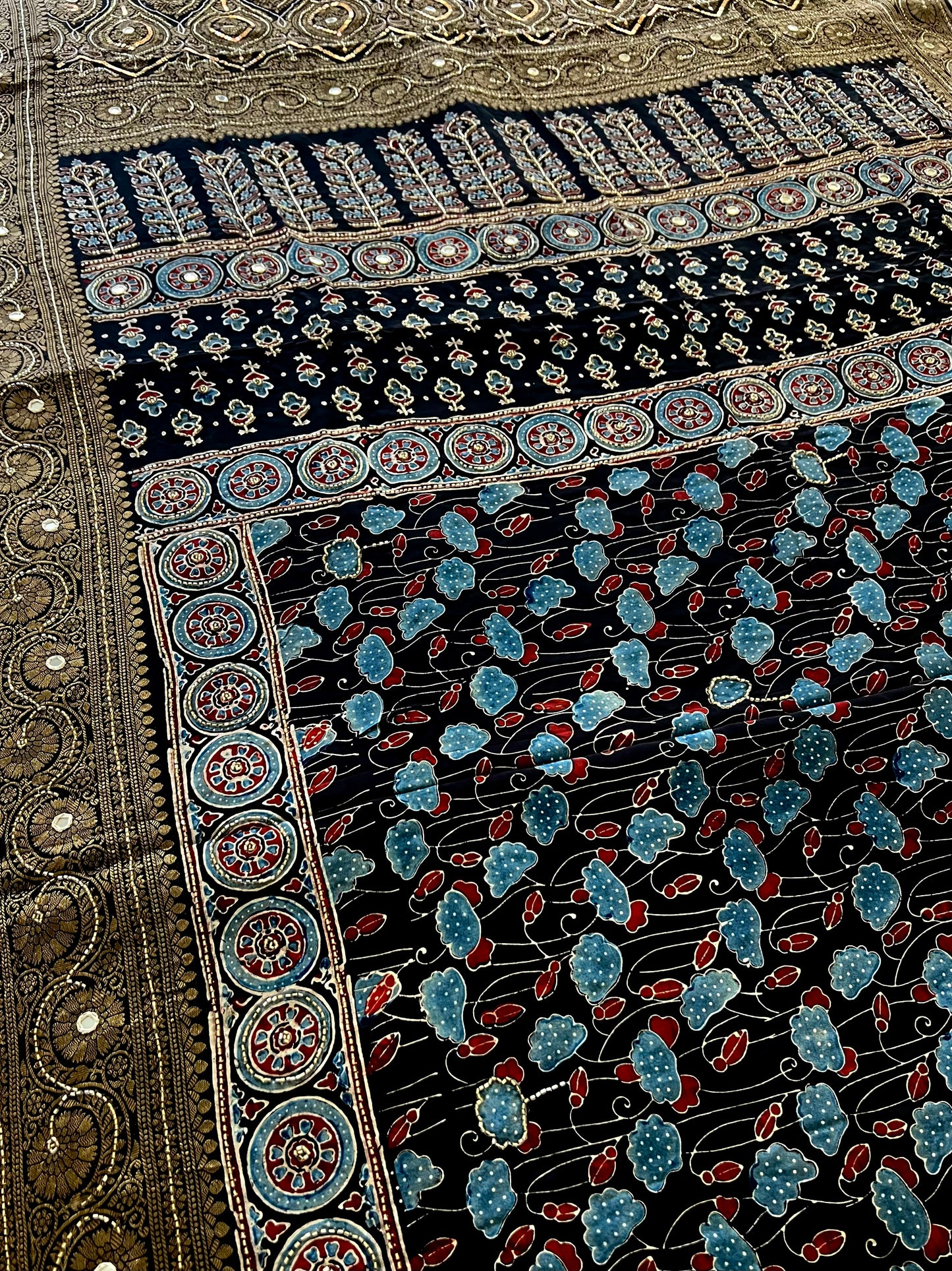 NOIR RADIANCE - Pure Dola Ajrakh Hand Embroidered Saree