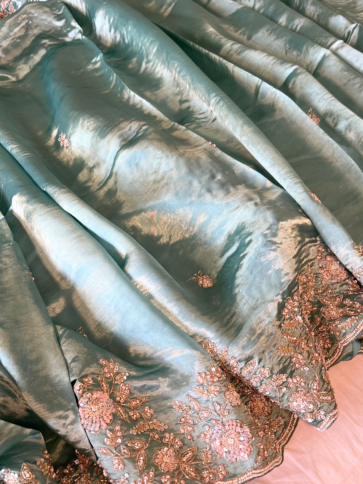 ZUBAIDAA - Pure Chinnon Satin Zardosi Pitta Hand Embroidered Saree