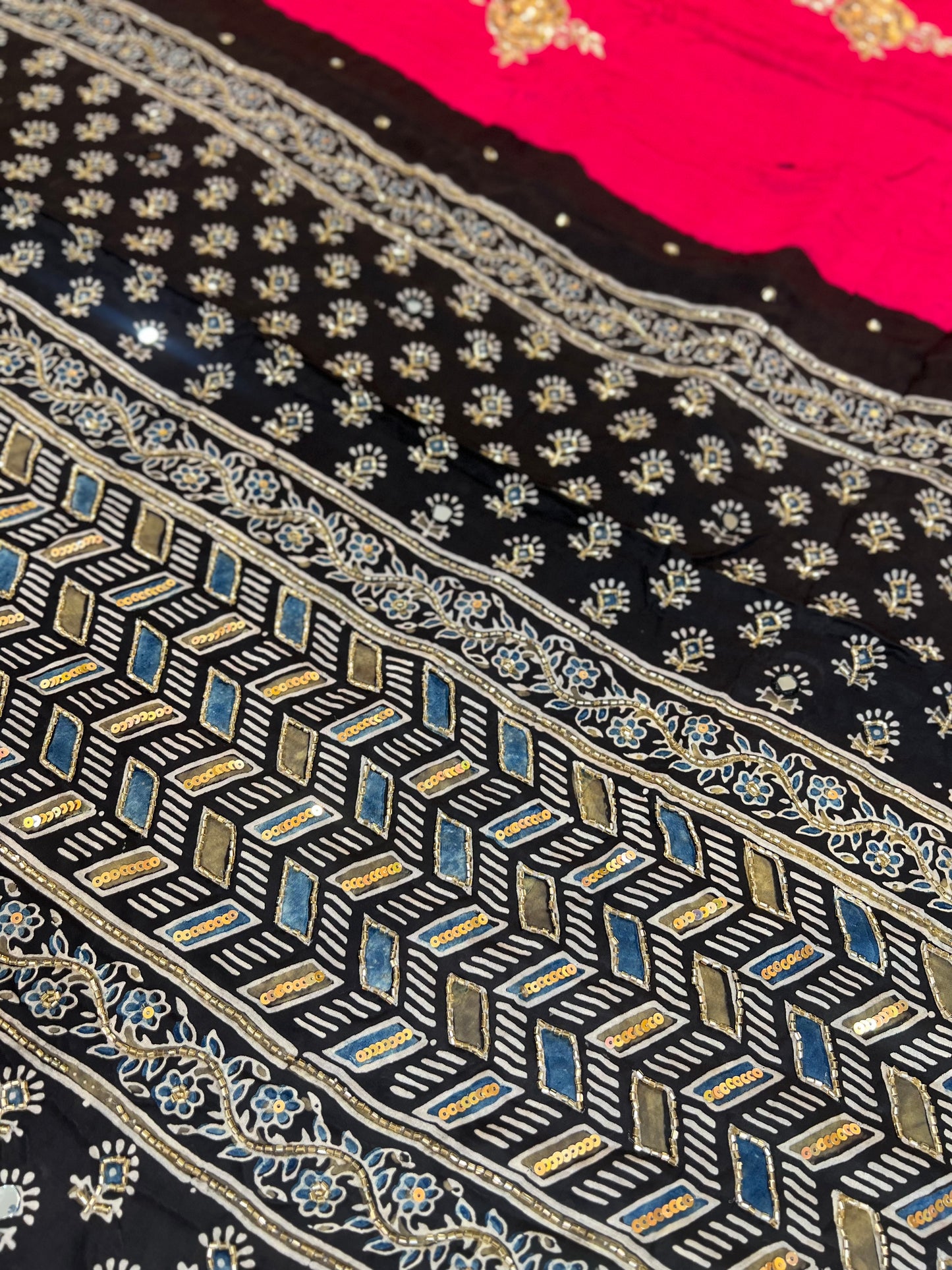 CANDY ROSE - Pure Modal Ajrakh Hand Embroidered Saree