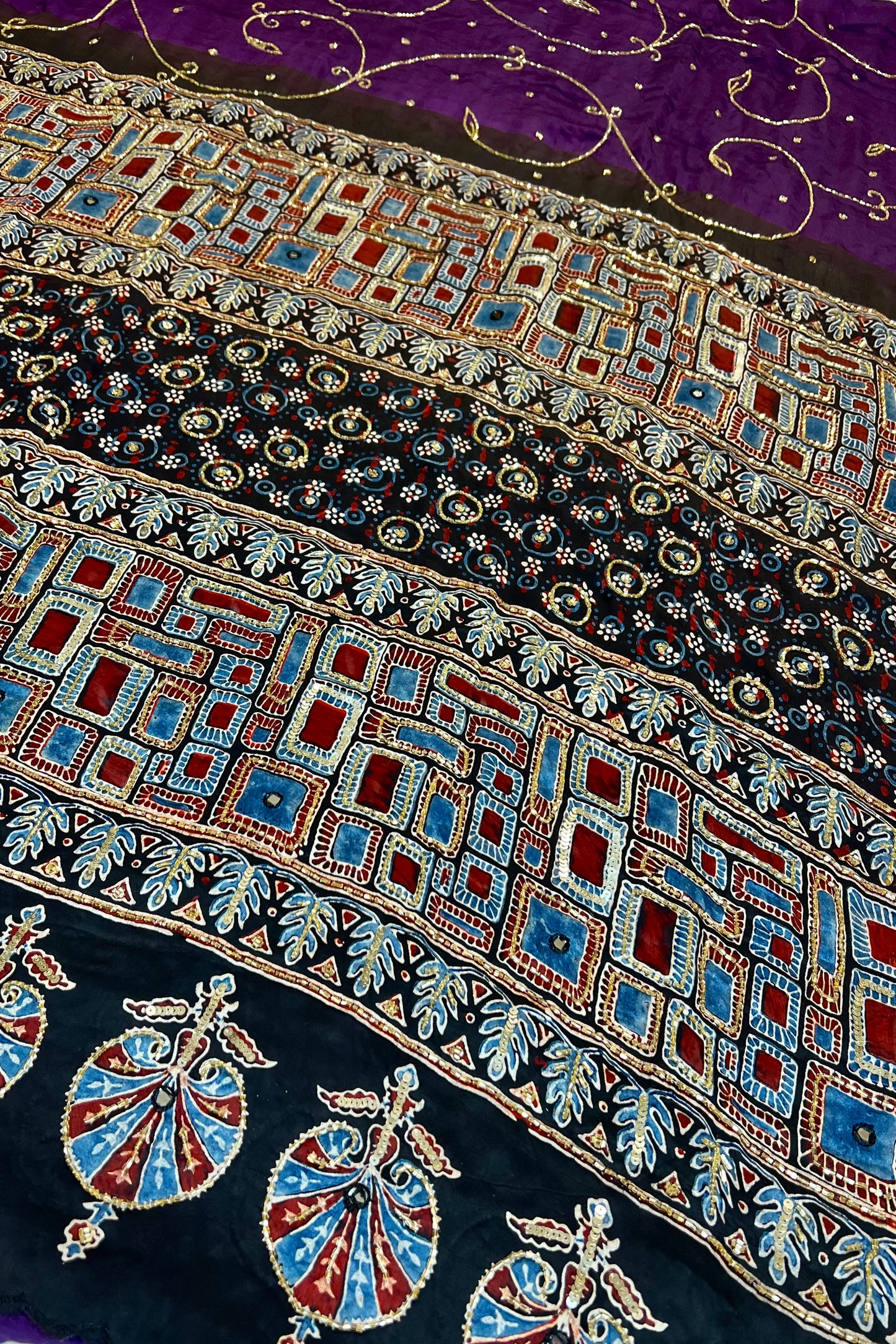 MIDNIGHT AMETHYST - Pure Modal Ajrakh Hand Embroidered Saree