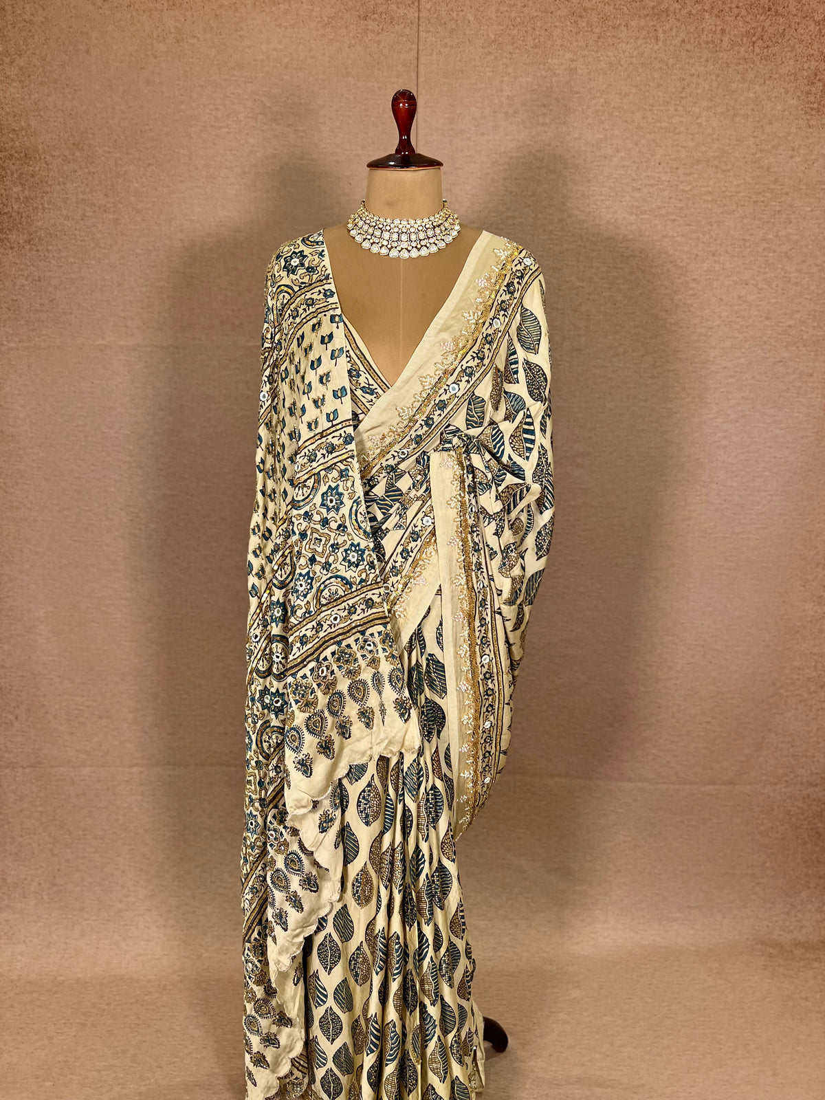 IVORY DREAMSCAPE - Pure Modal Ajrakh Hand Embroidered Saree