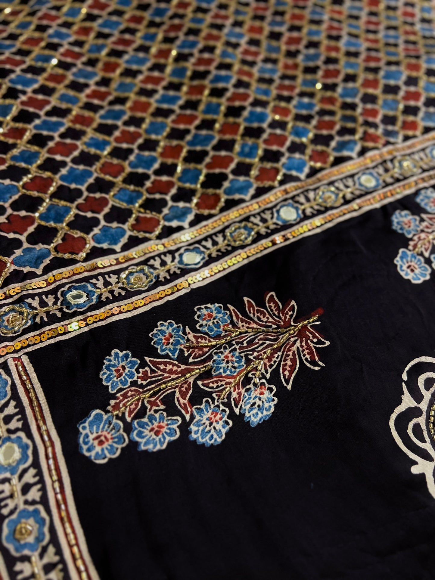 NIGHT BLOSSOM - Pure Modal Ajrakh Hand Embroidered Saree