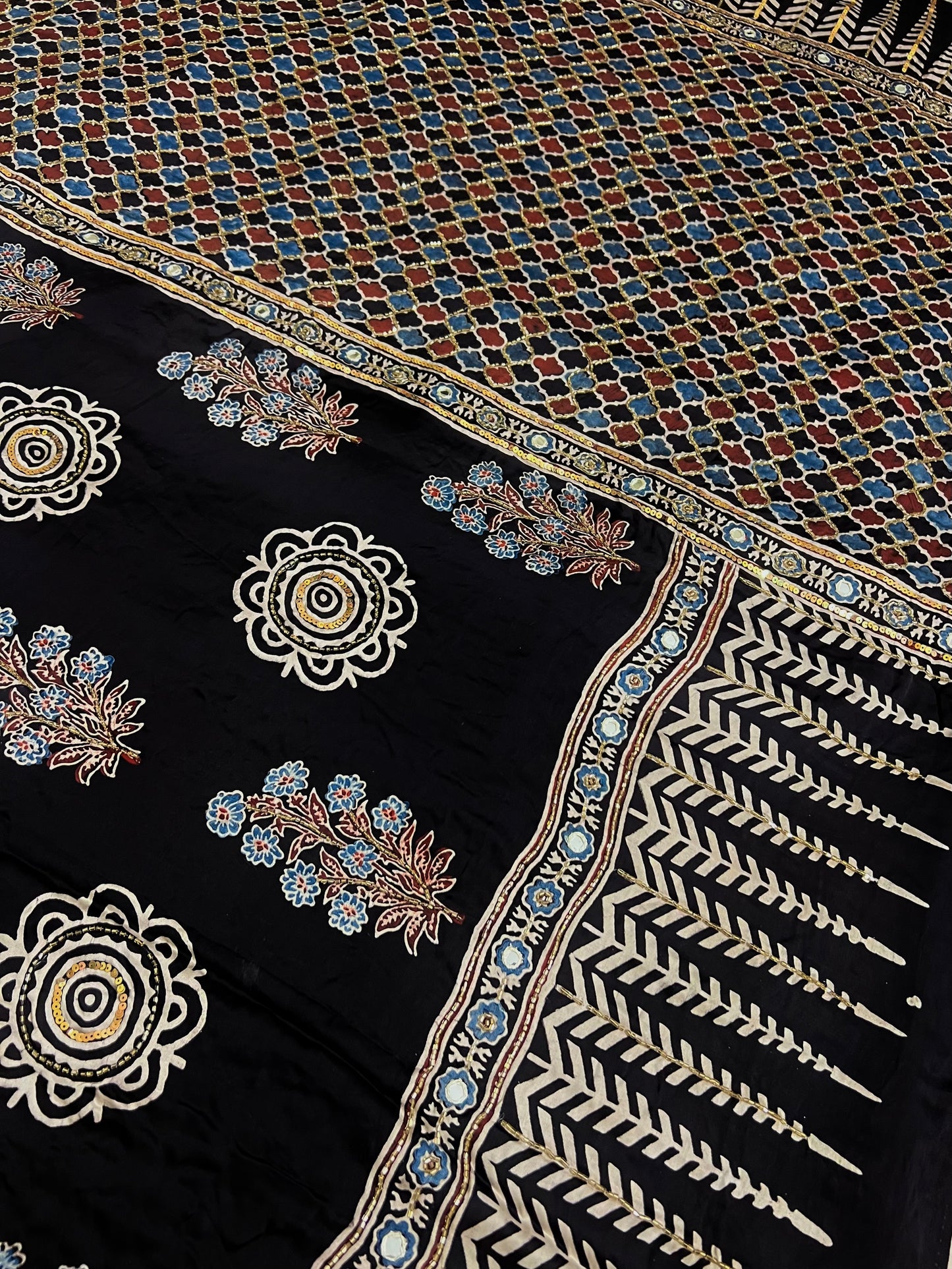 NIGHT BLOSSOM - Pure Modal Ajrakh Hand Embroidered Saree