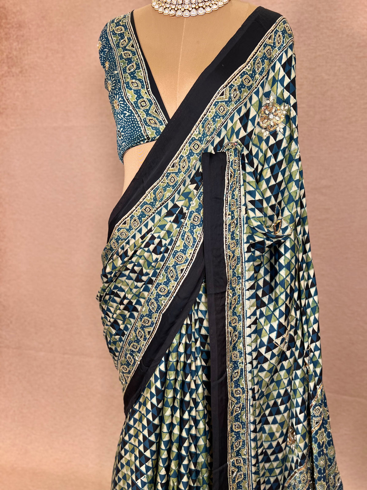 LAGOON DREAM - Pure Modal Ajrakh Hand Embroidered Saree