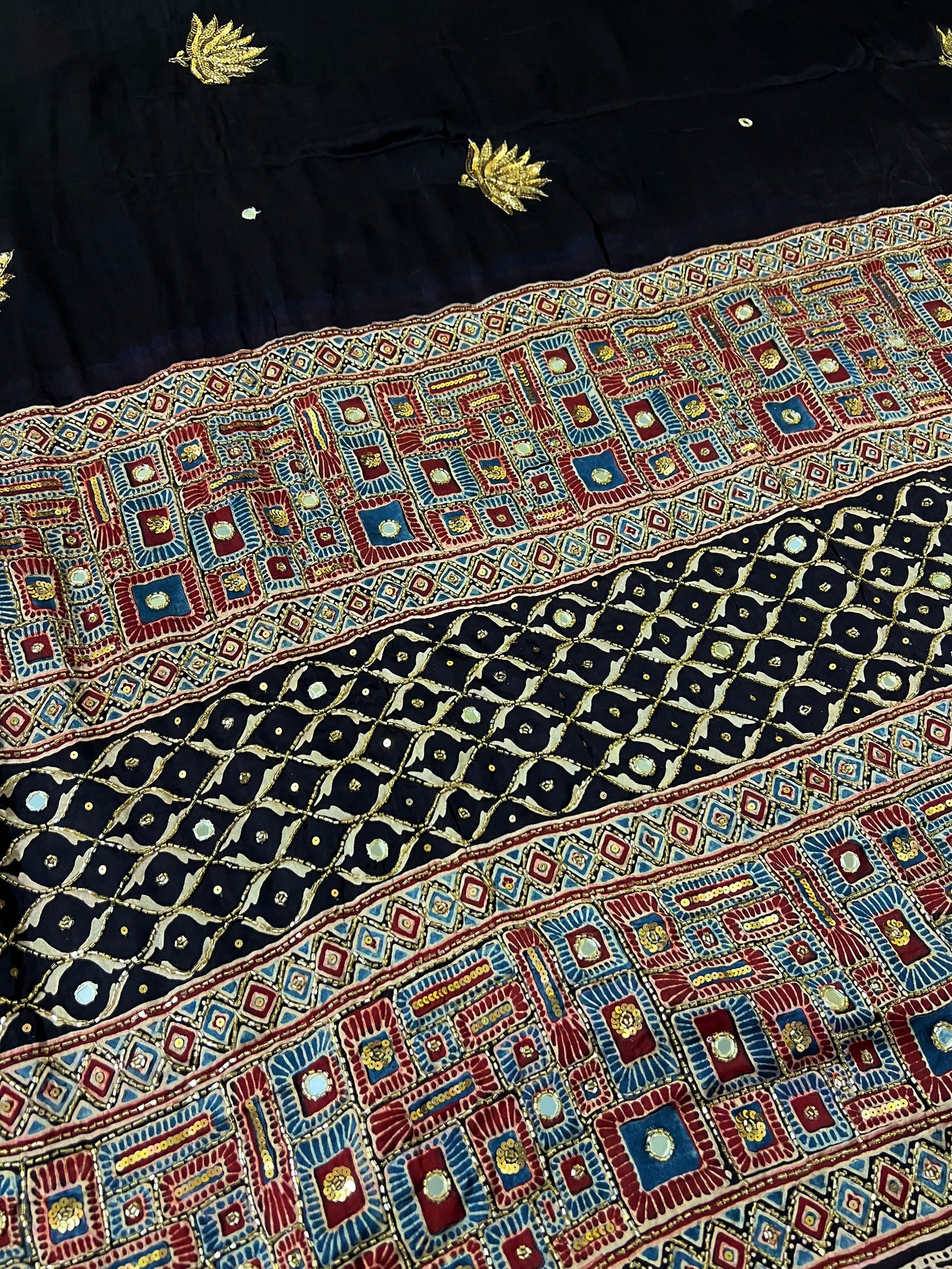 COSMIC LOTUS - Pure Modal Ajrakh Hand Embroidered Saree
