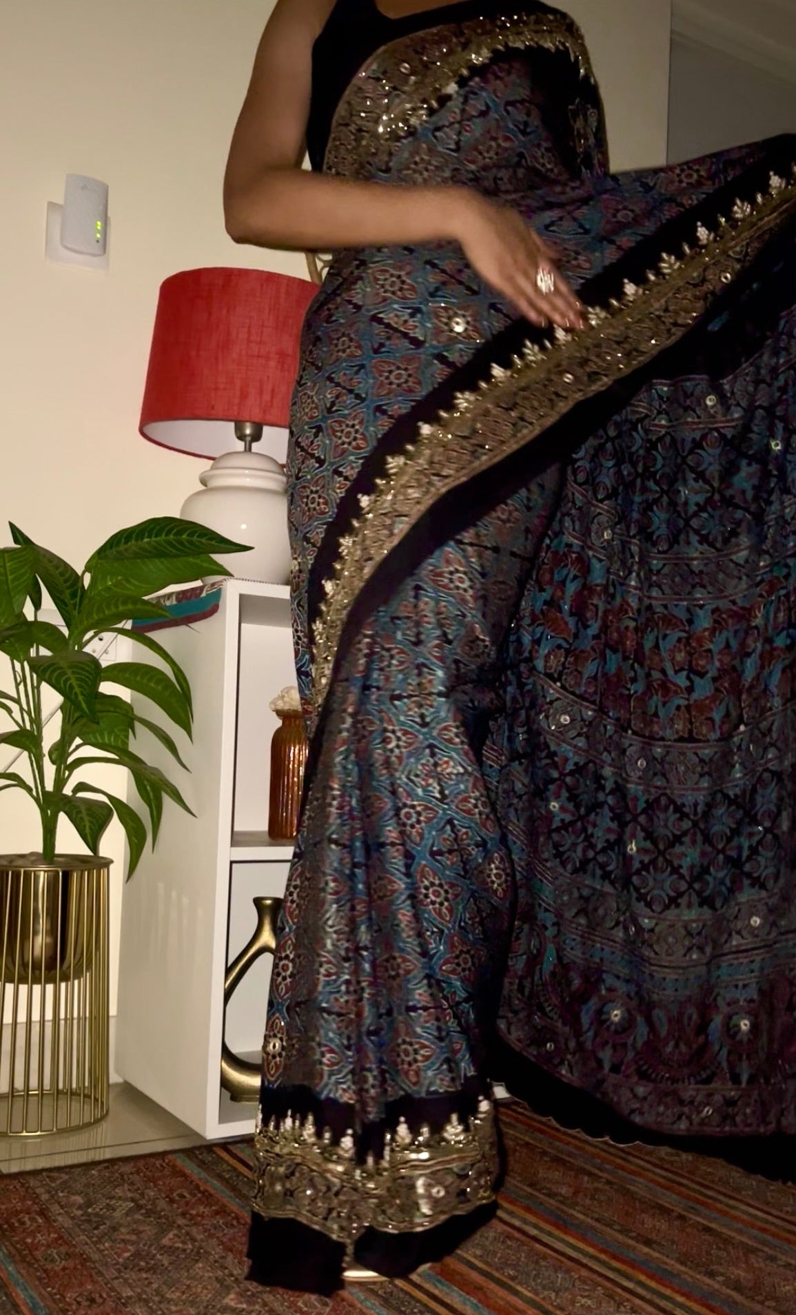 Regal Petals - Pure Modal Ajrakh Hand Embroidered Saree
