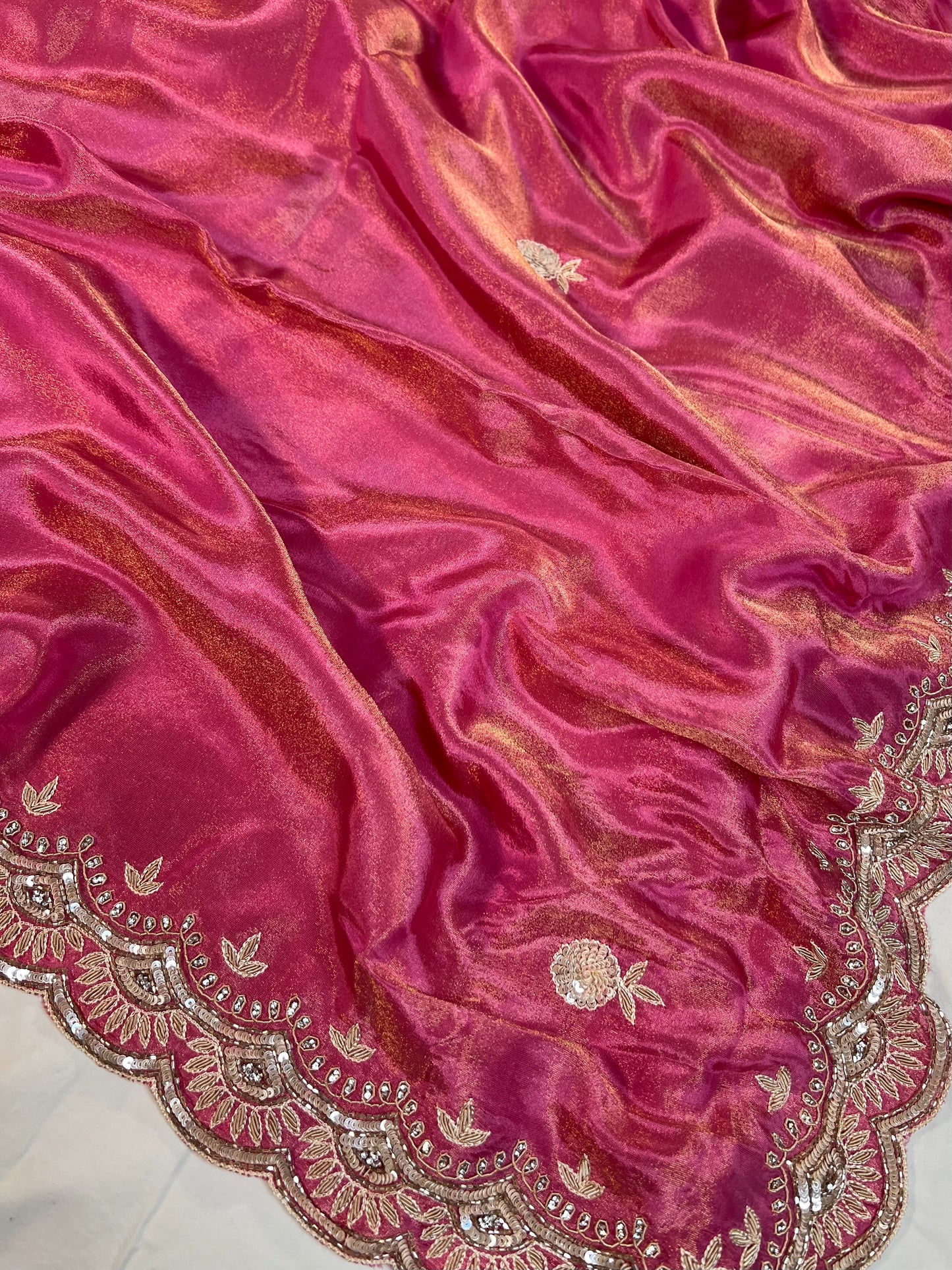Pink Zardosi Embroidered Tissue Designer Saree with Unstitched Blouse