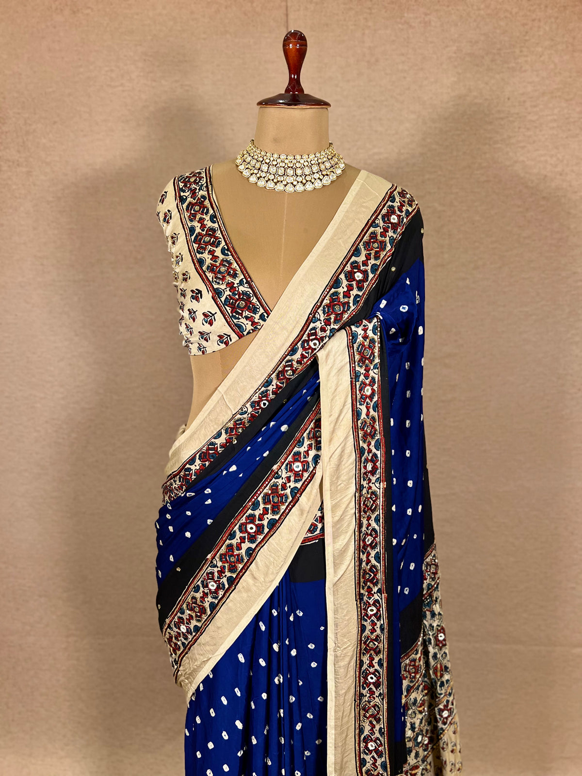 BLUE ROYALTY - Pure Modal Bandhani Ajrakh Hand Embroidered Saree