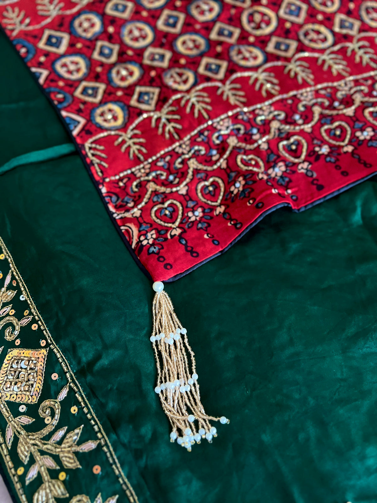 GREEN DESIRE - Pure Modal Ajrakh Hand Embroidered Saree