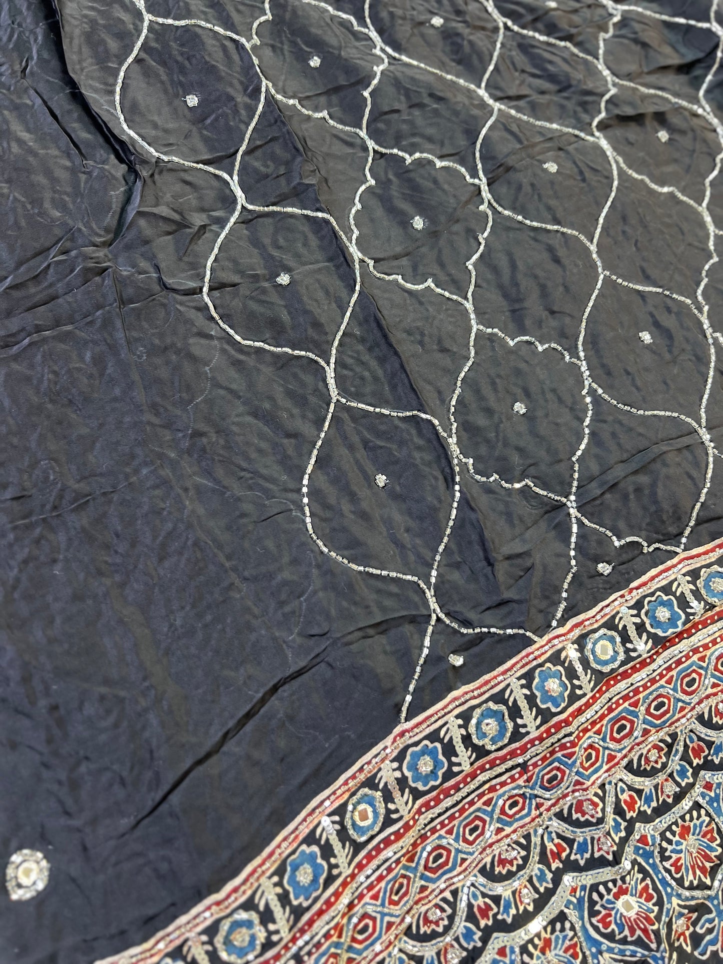 BLACK DAHLIA - Pure Modal Ajrakh Hand Embroidered Saree