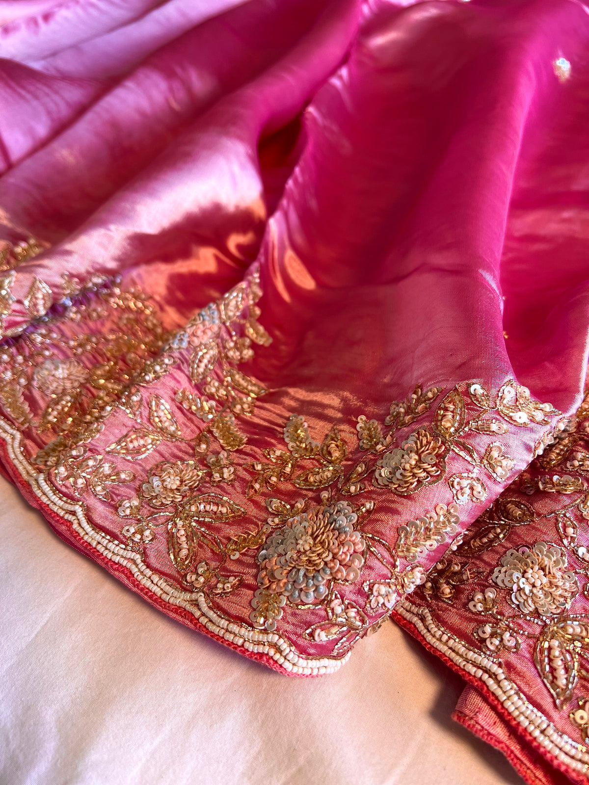 SHABNAM - Pure Chinnon Satin Zardosi Pitta Hand Embroidered Saree