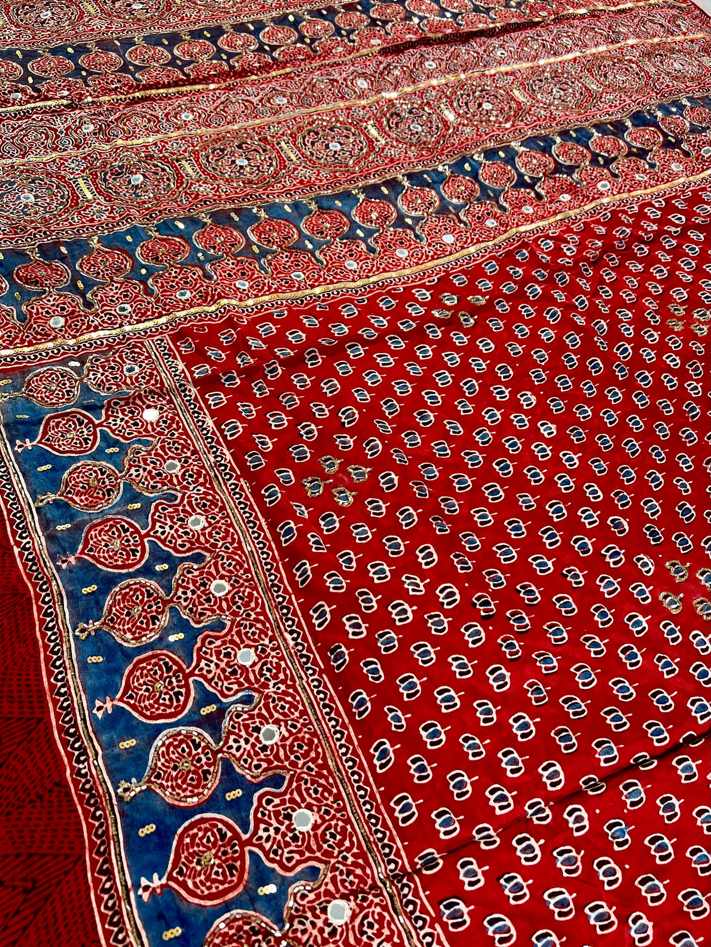 CRIMSON LOTUS - Pure Modal Ajrakh Hand Embroidered Saree