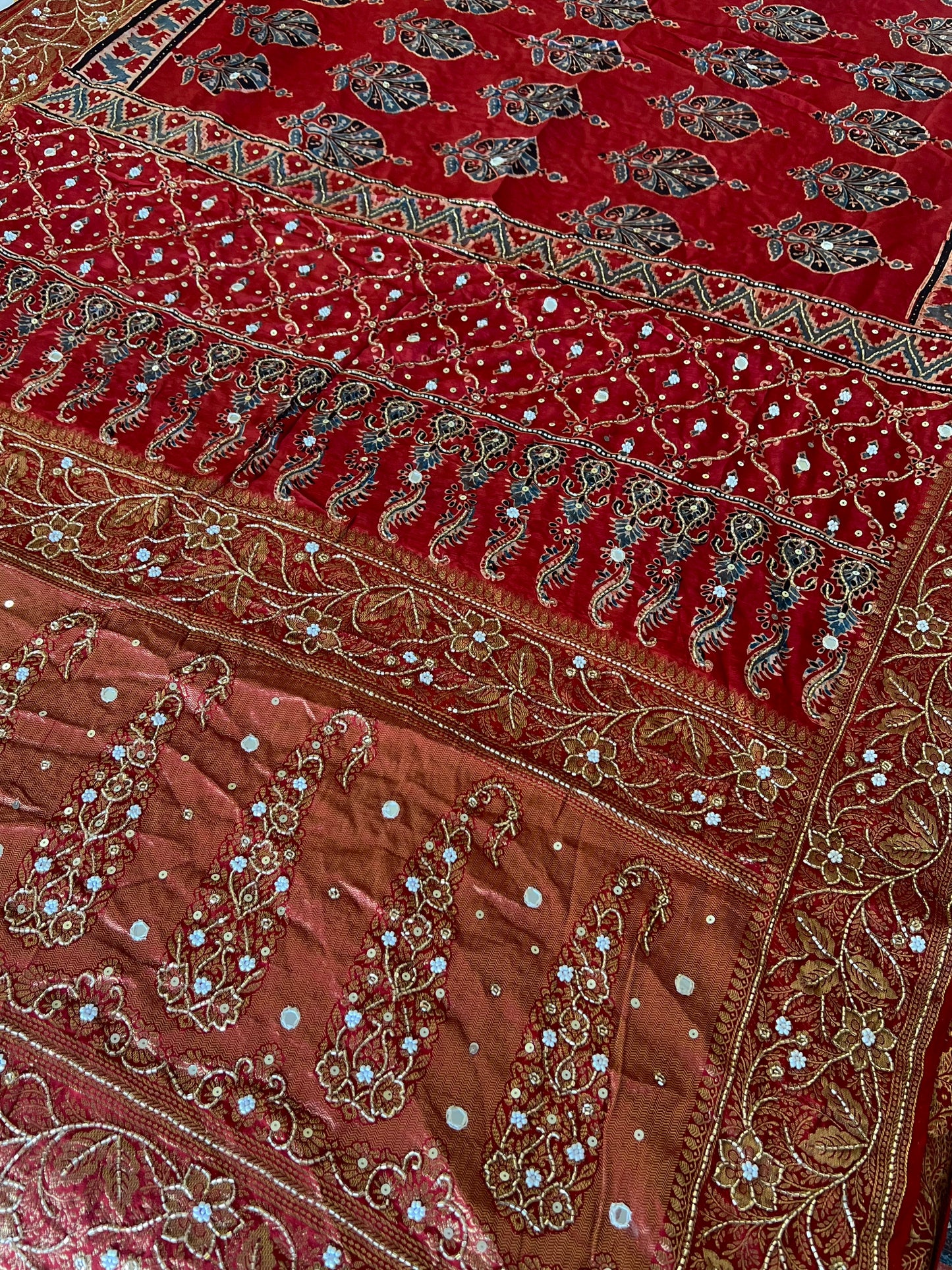 VERMILLION WHISPER - Pure Dola Ajrakh Hand Embroidered Saree