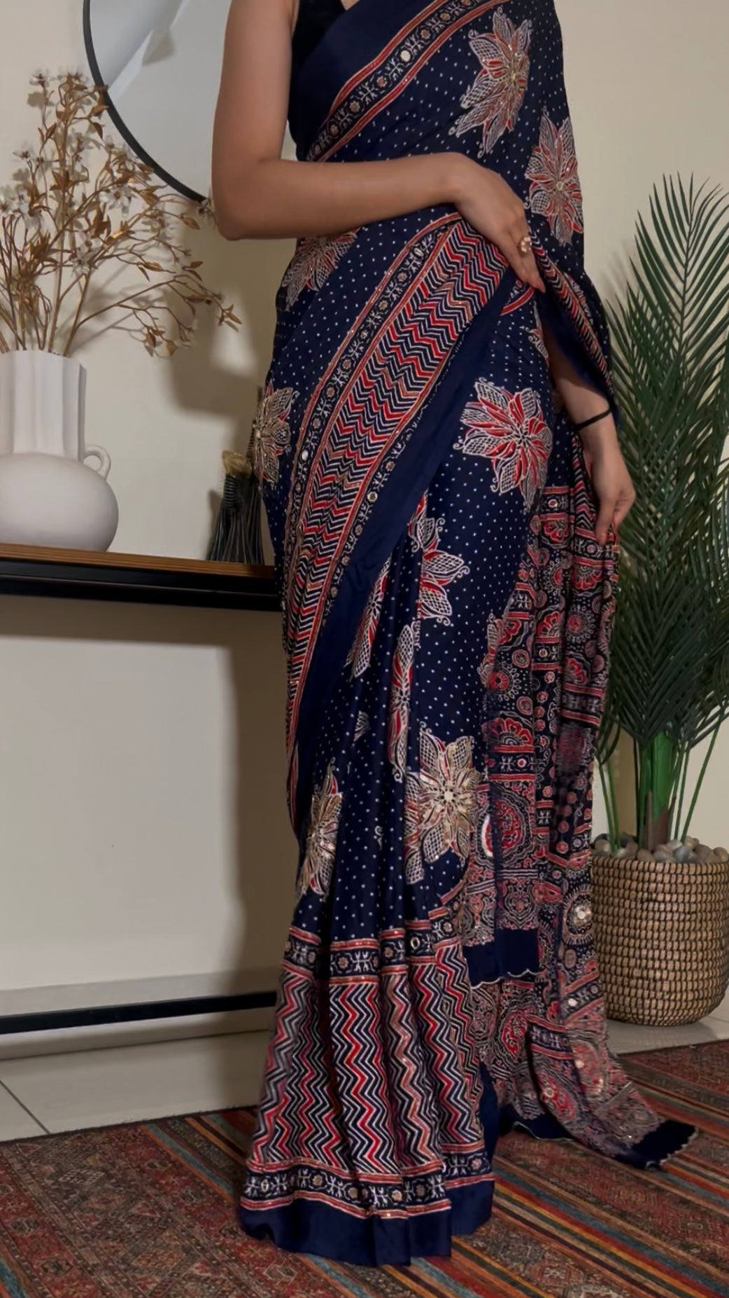 MIDNIGHT BLOSSOM - Pure Modal Ajrakh Hand Embroidered Saree