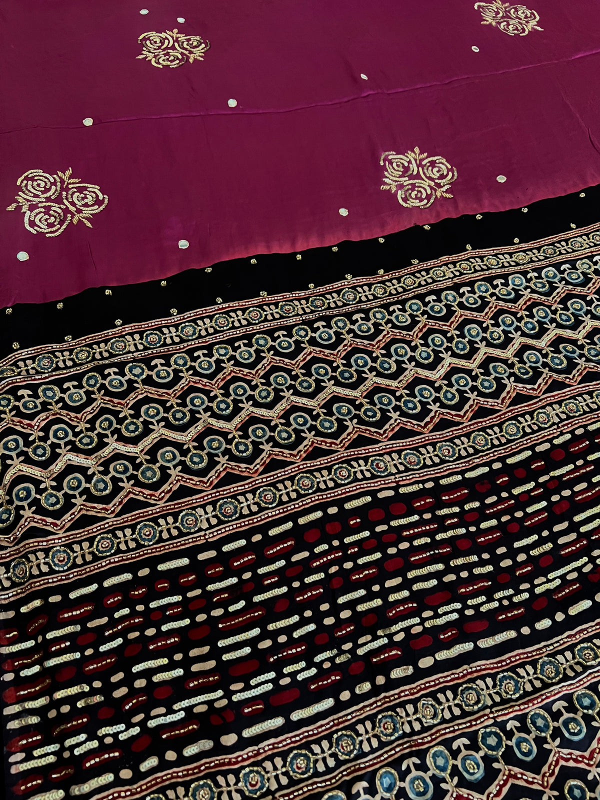 DUSTY PLUM ROSE - Pure Modal Ajrakh Hand Embroidered Saree