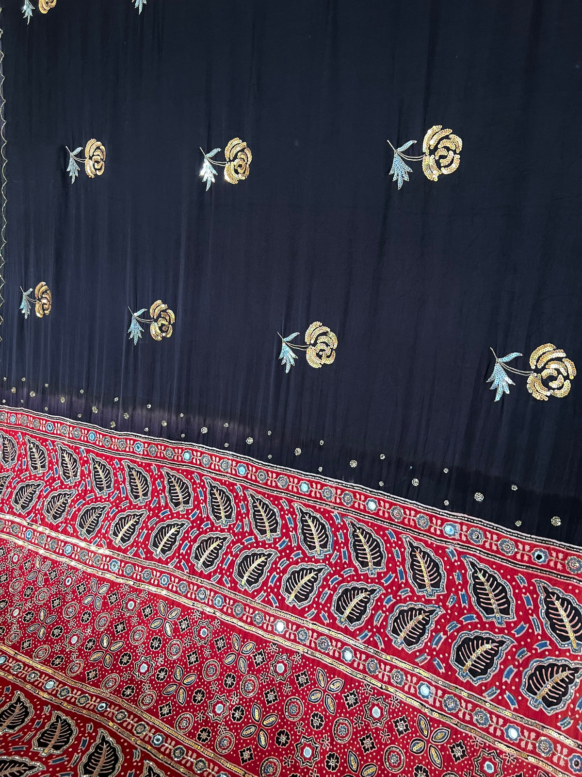 COAL ROSE - Pure Modal Ajrakh Hand Embroidered Saree