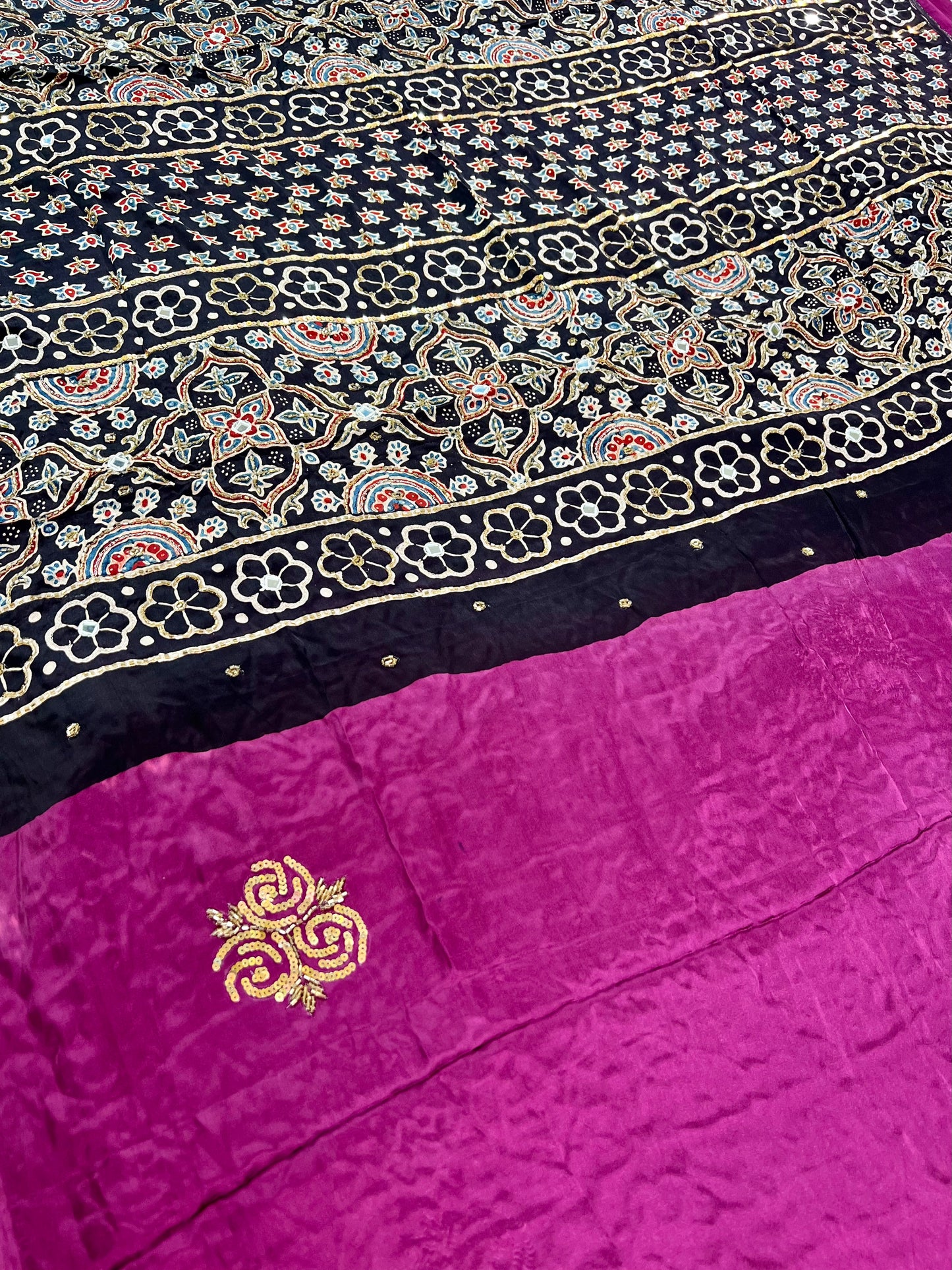 PLUM ROSE - Pure Modal Ajrakh Hand Embroidered Saree