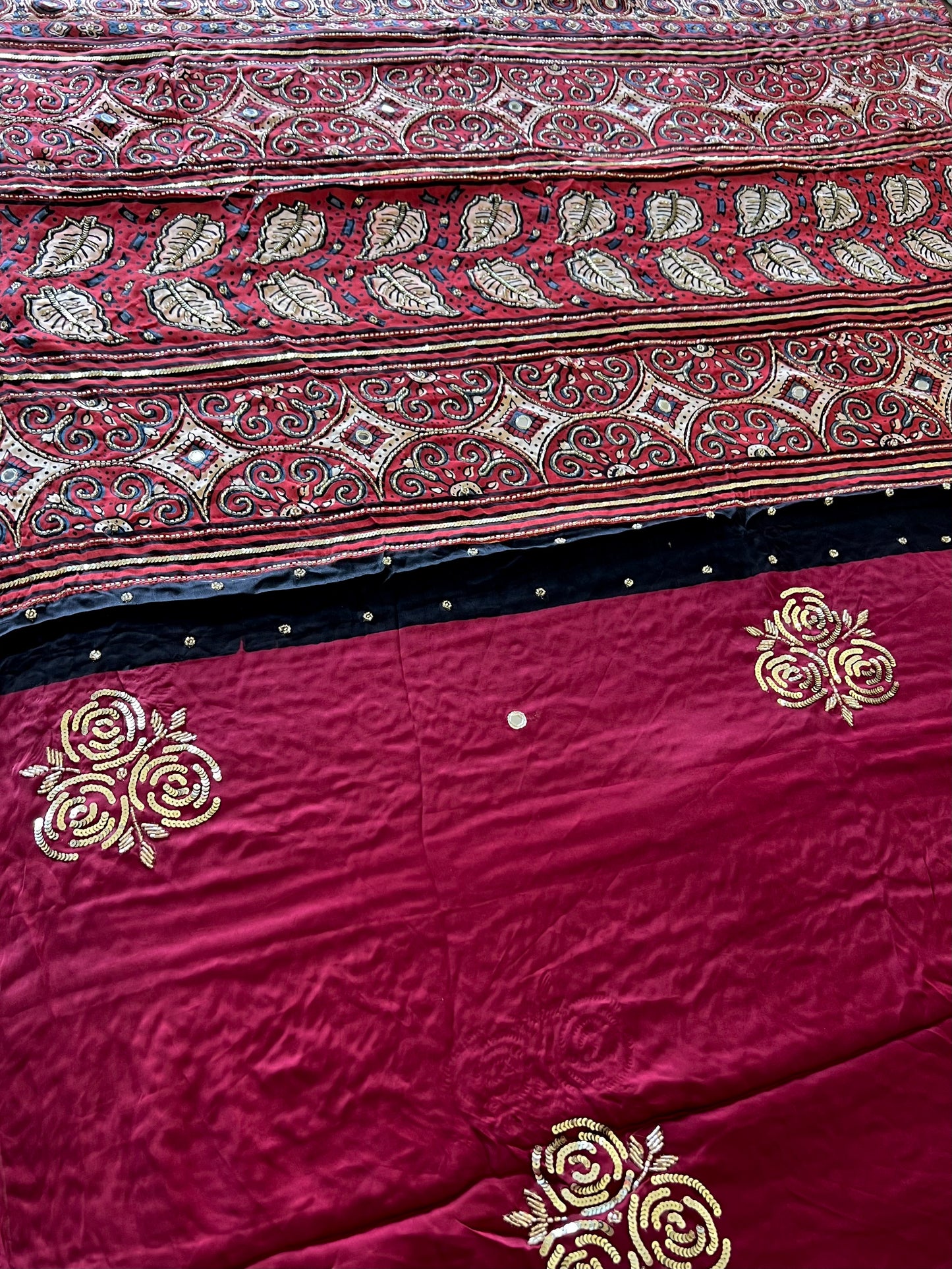 PASSION ROSE - Pure Modal Ajrakh Hand Embroidered Saree