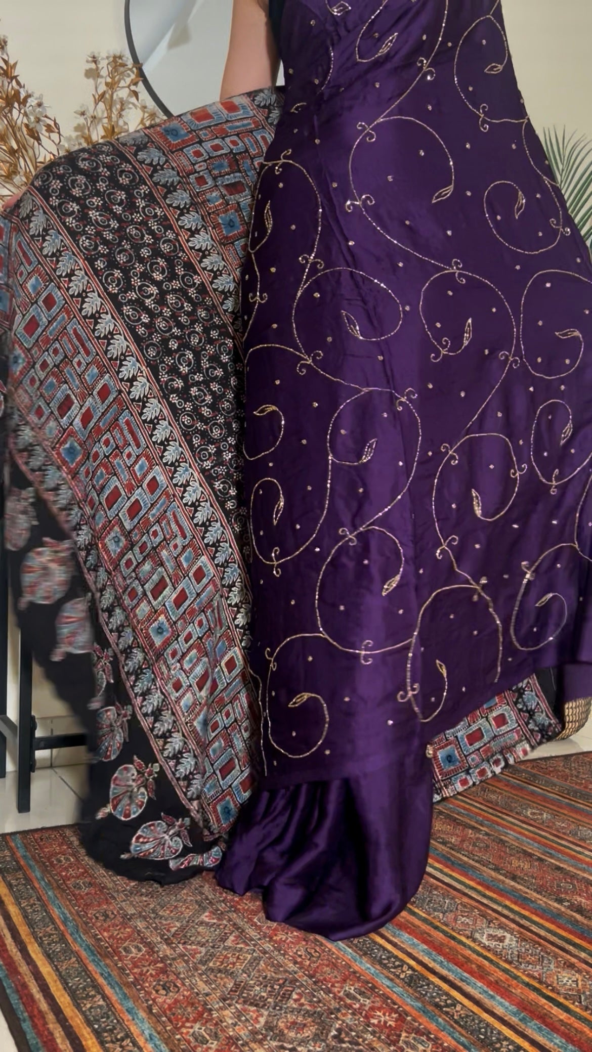 MIDNIGHT AMETHYST - Pure Modal Ajrakh Hand Embroidered Saree