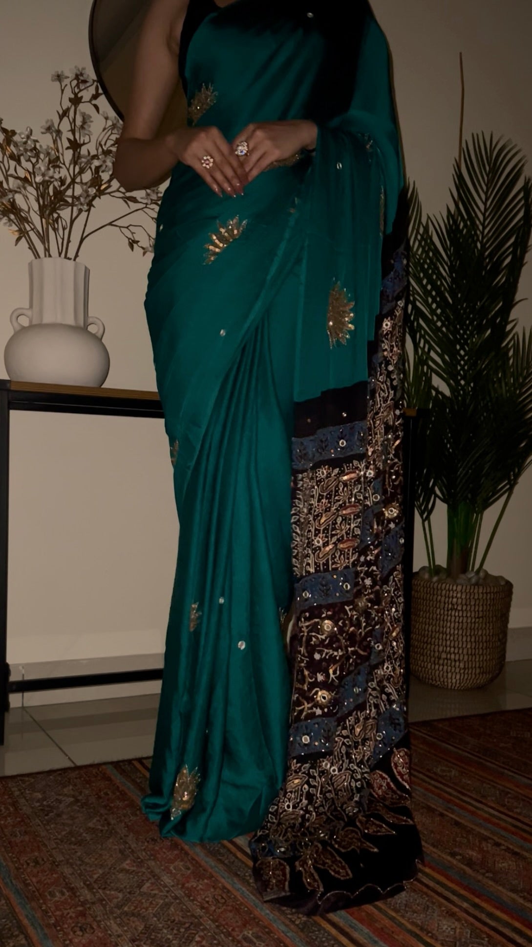 JADE LOTUS - Pure Modal Ajrakh Hand Embroidered Saree
