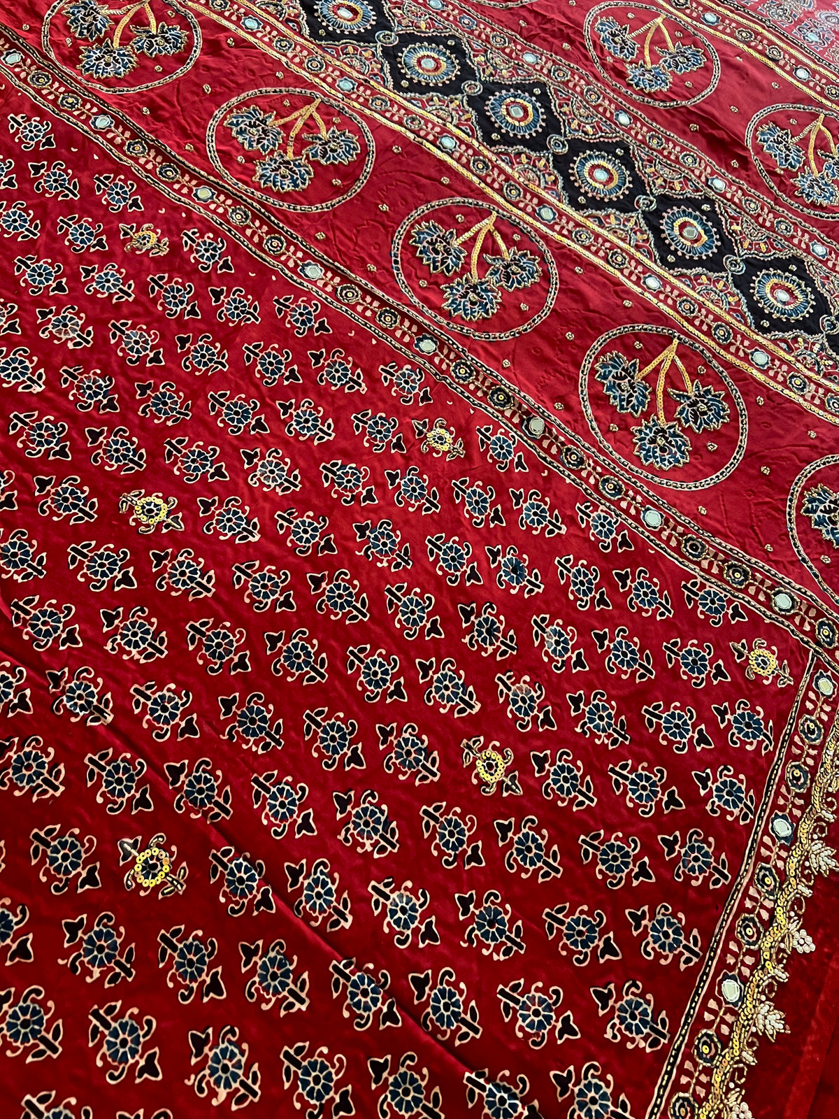 RUBY PARADISE - Pure Modal Ajrakh Hand Embroidered Saree