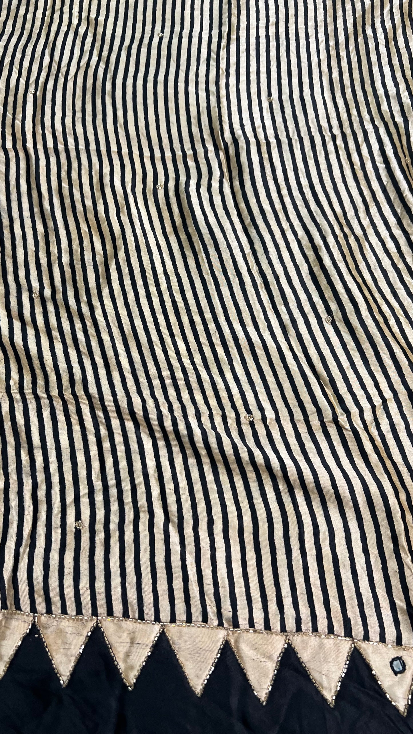 Cream and Black Striped Modal Ajrakh Hand Embroidered Saree with Red and Black Motifs