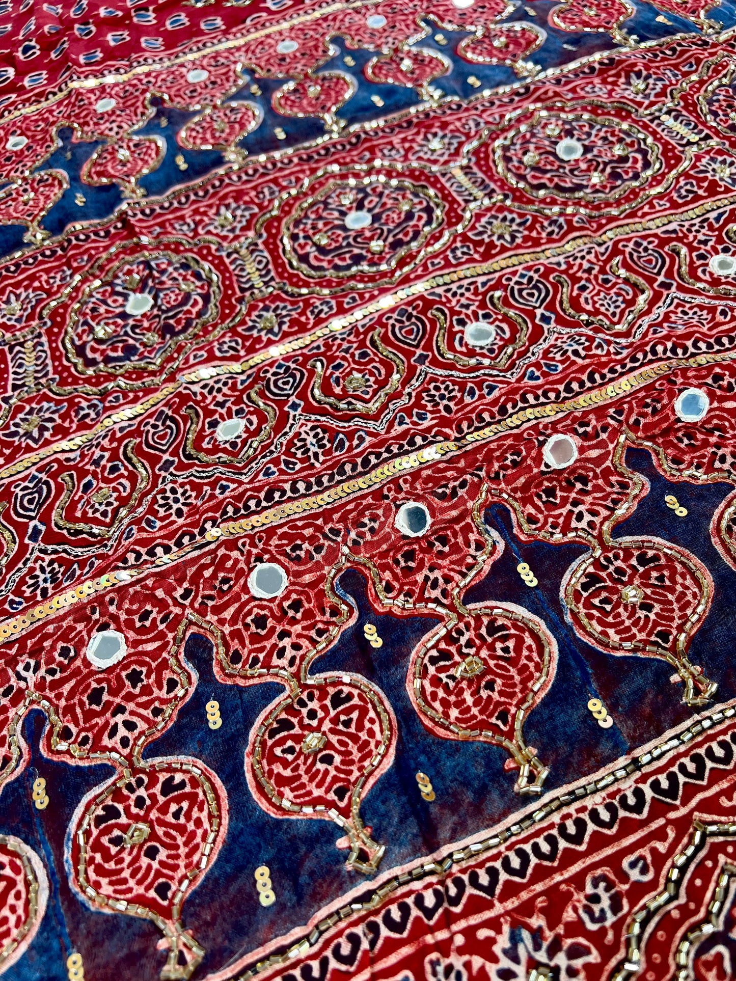 CRIMSON LOTUS - Pure Modal Ajrakh Hand Embroidered Saree