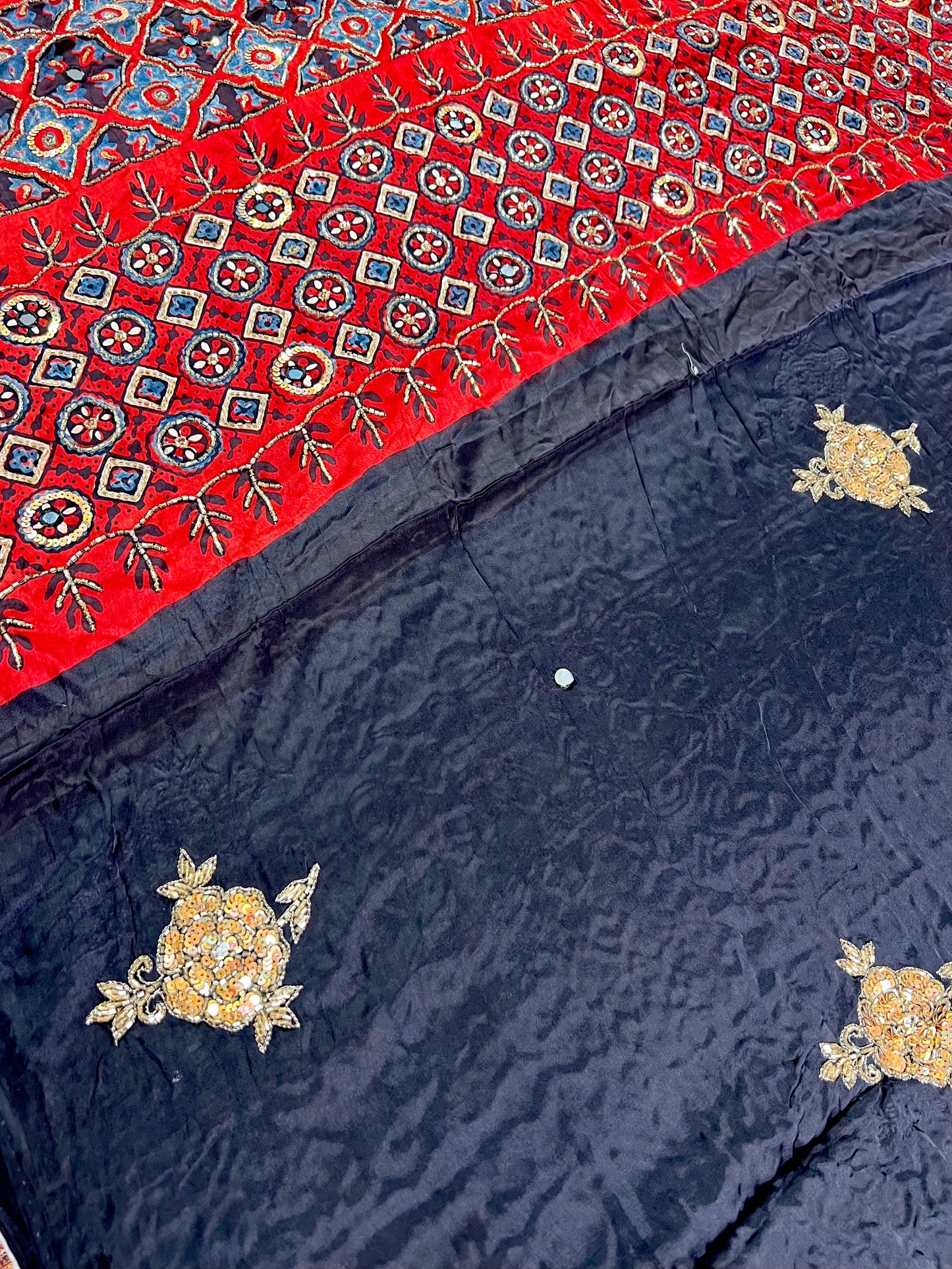 TWILIGHT ROSE - Pure Modal Ajrakh Hand Embroidered Saree