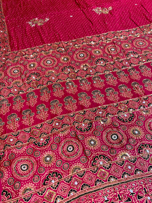 BLUSHING DAWN - Pure Modal Ajrakh Hand Embroidered Saree